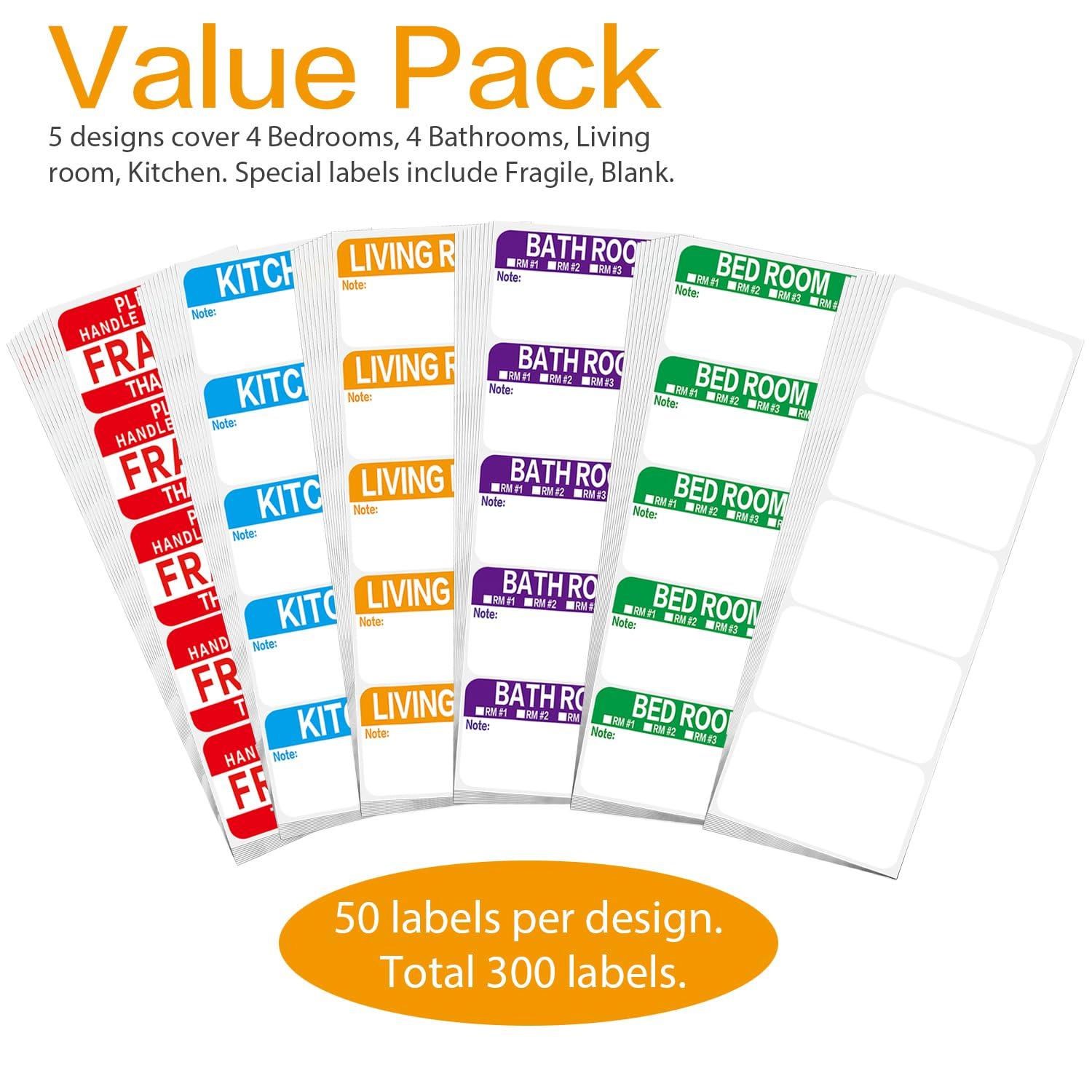 300 Count 3.5 x 2 Large Home Moving Packing Box Labels for 3-4 Bedroom House with Writable Notes Areas, 6 Color Coded Moving Labels for Boxes + Fragile Moving Stickers - Image 2