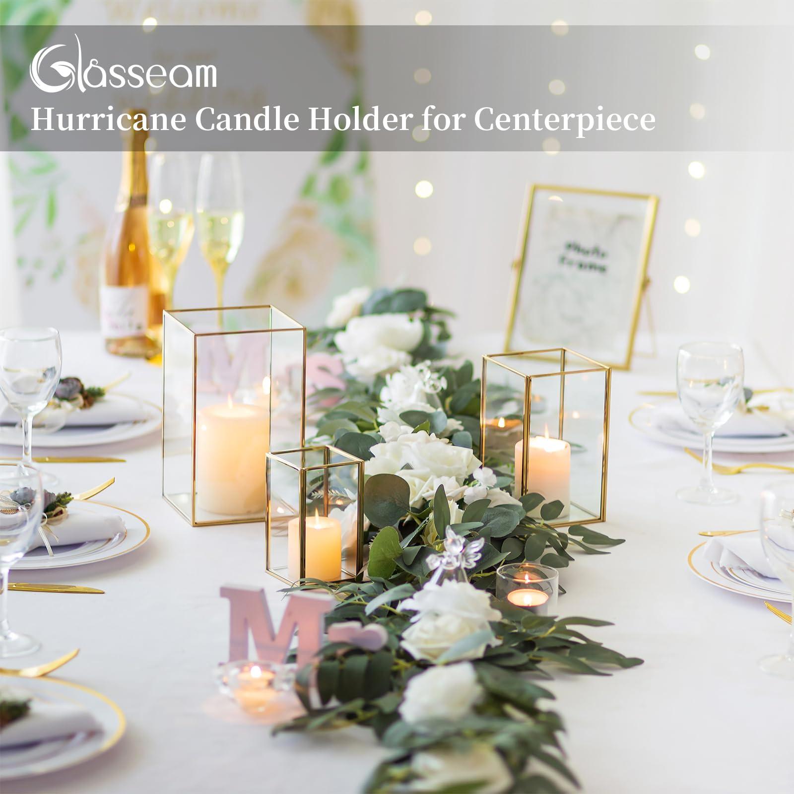 Glasseam Glass Hurricane Candle Holder: Set of 3 Gold Square Candle Holders for Pillar Candles Large for Table Centerpiece Wedding Christmas Decorative - Image 4