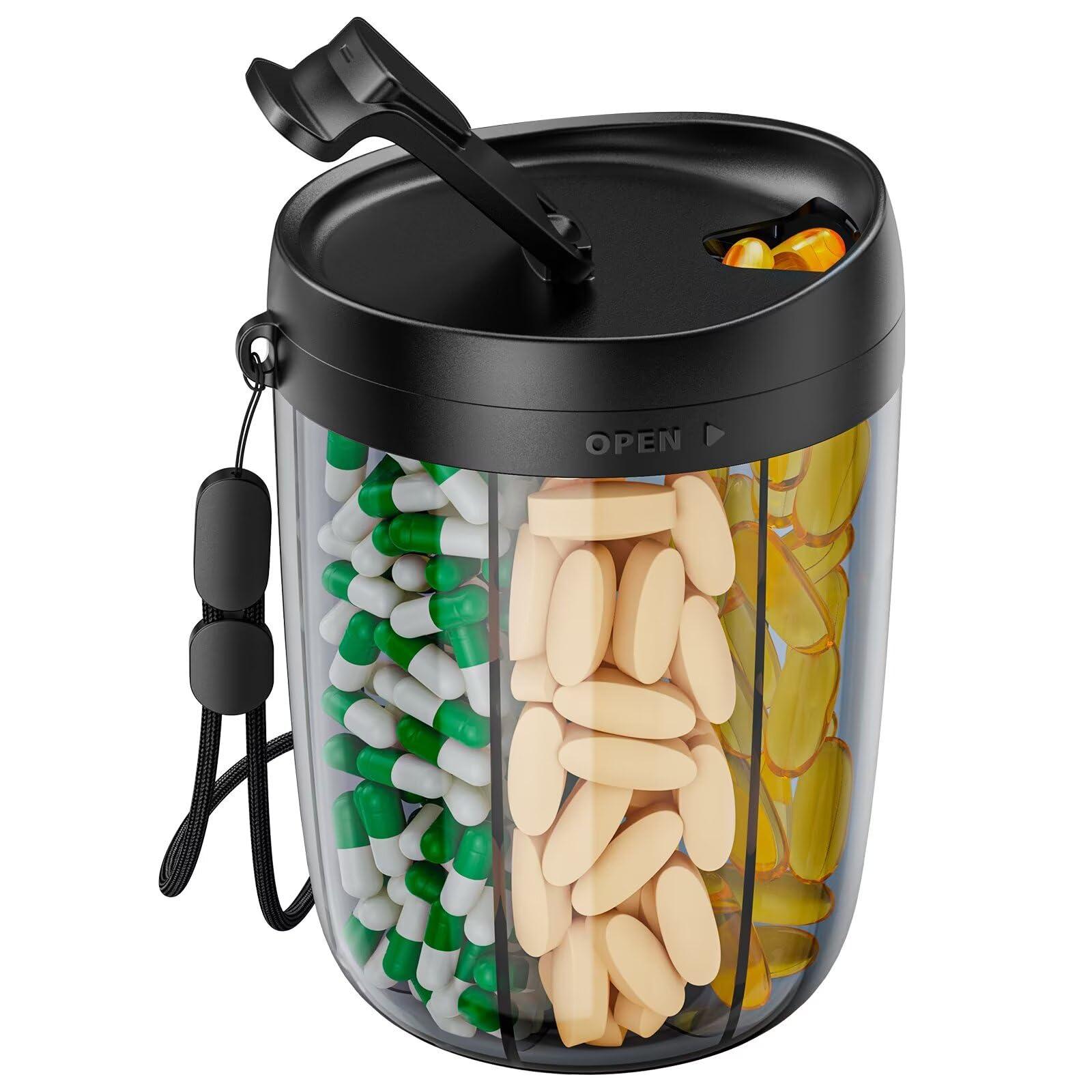 PULIV Large Pill Bottle Organizer, Supplement Organizer for Holding 6 Various Vitamins, Pill Box Case with Anti-Mixing & Wide Opening Design, Easy to Retrieve Meds, Includes 20 Pcs Stick-on Labels