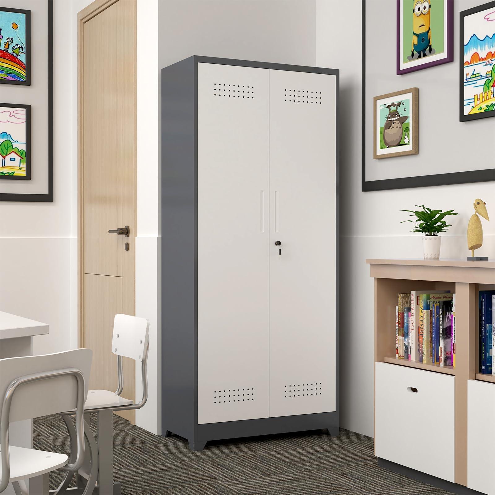 GREATMEET 72.8" H Utility Closet, Broom Closet Storage Cabinet with Adjustable Shelves and Pegboard, Utility Cabinet for Brooms and Mops, Grey-White - Image 6