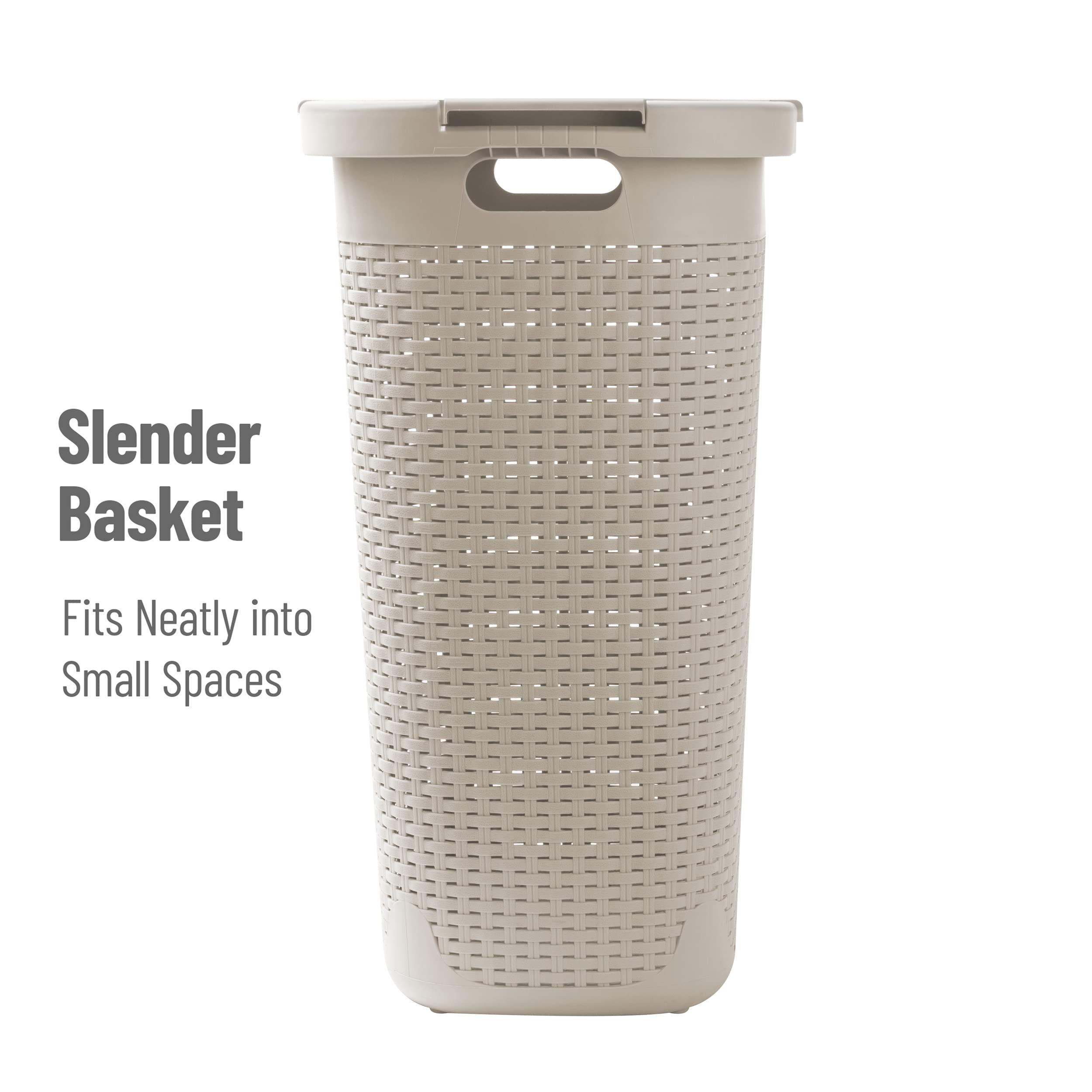 Mind Reader 60L Slim Laundry Hamper, Clothes Basket, Lid, Wicker Design, Plastic, 17.65"L x 13.75"W x 24.15"H, Ivory - Image 6