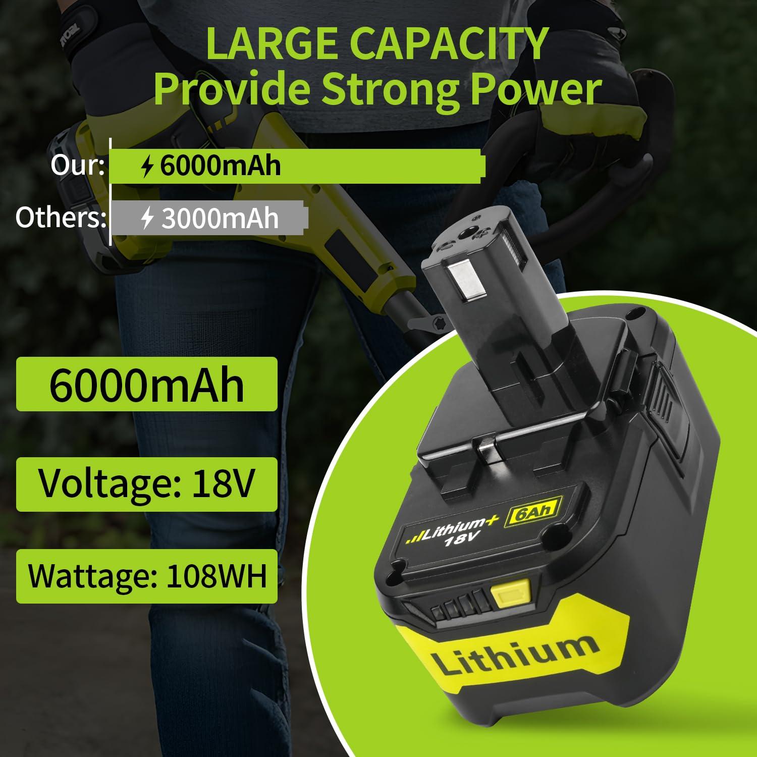 VIRSHX BATT Upgraded 2packs 6Ah 18V Replacement for Ryobi 18V Battery Compatible with Ryobi ONE+ P108 P102 P103 P104 P105 P107 P109 P122 Cordless Tool Batteries with Indicator - Image 2