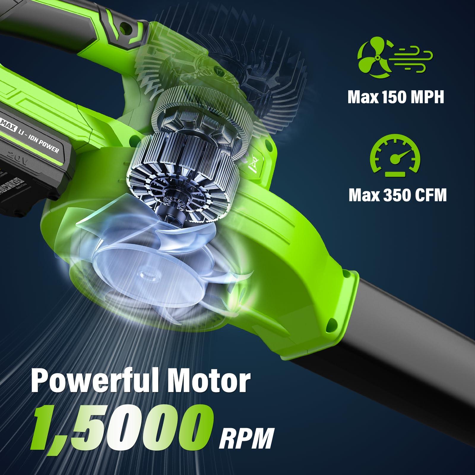 SEYVUM Cordless Leaf Blower, 20V Blower with 2 X 2.0 Ah Battery, Electric Blower for Lawn Care, 350 CFM 150 MPH Battery Powered Leaf Blower with Charger, for Patio, Garden Cleaning, Green - Image 2