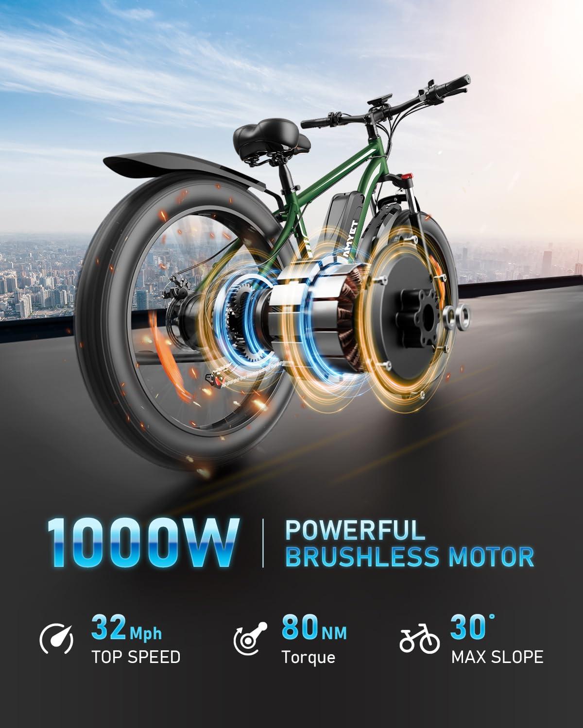 AMYET EB26 Electric Bike for Adults Peak 1500W Electric Bicycle 48V 15AH (720WH) Battery Electric Bike 26" Fat Tire Mountain 32mph 7 Speed Gears Ebike - Image 2