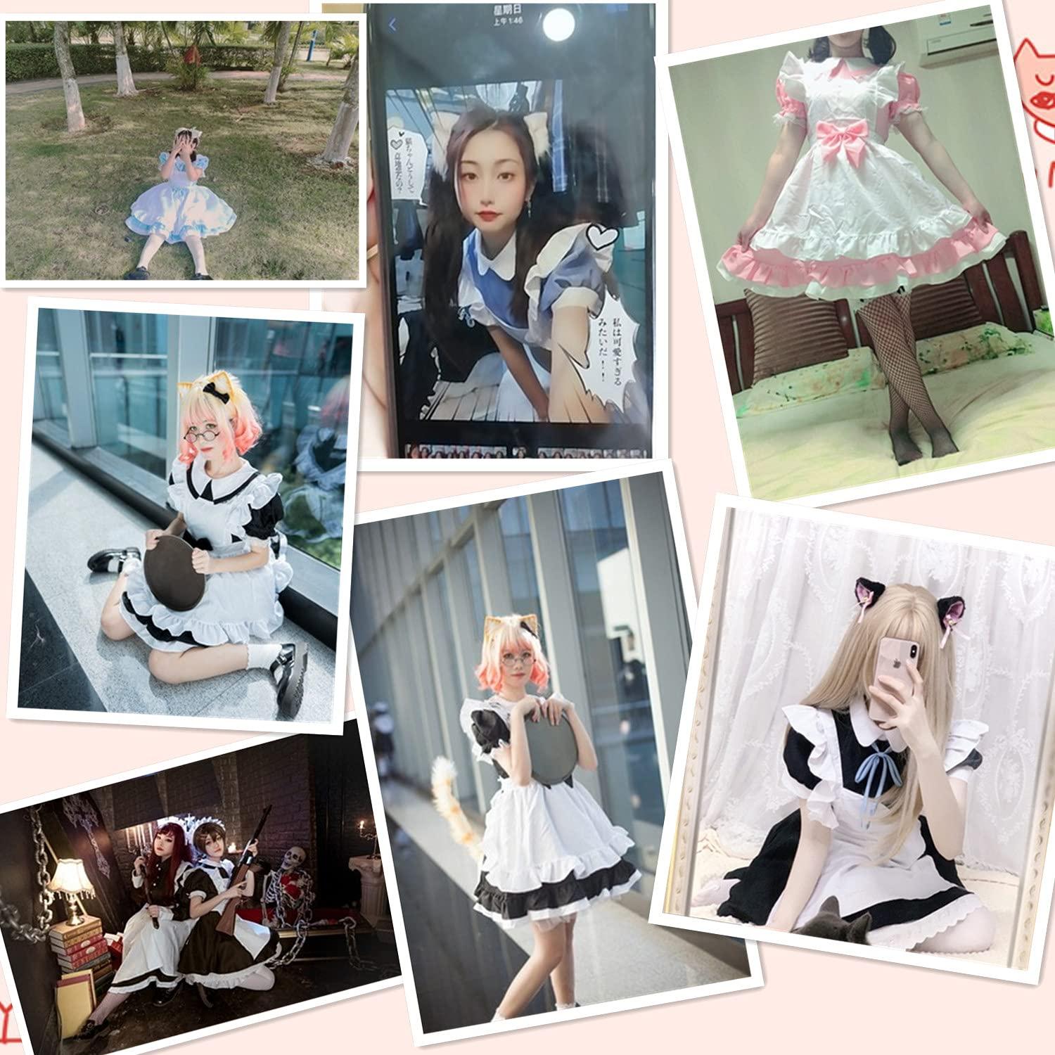 Wannsee Japanese Anime 6Pcs Lolita French Maid Apron Fancy Dress Cosplay Costume Gloves Headwear Socks set(Pink L) - Image 2