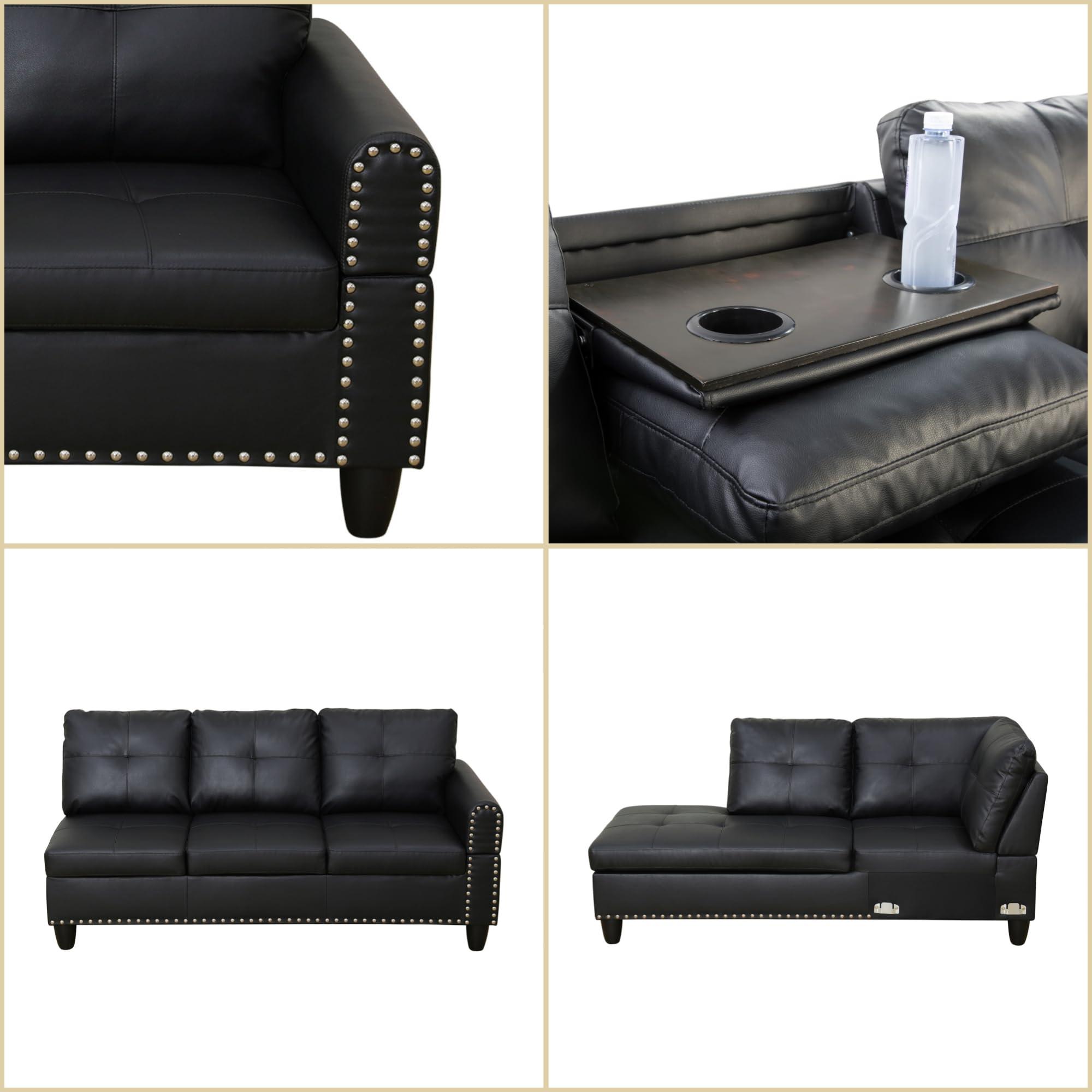 FONTOI Leather Sectional Couch Sofa, Modern Nail-Head Design L Shaped Sectional Sofa for Living Room, 4 Seat L Couch with Cup Holder for Bedroom, Black ZA - Image 5
