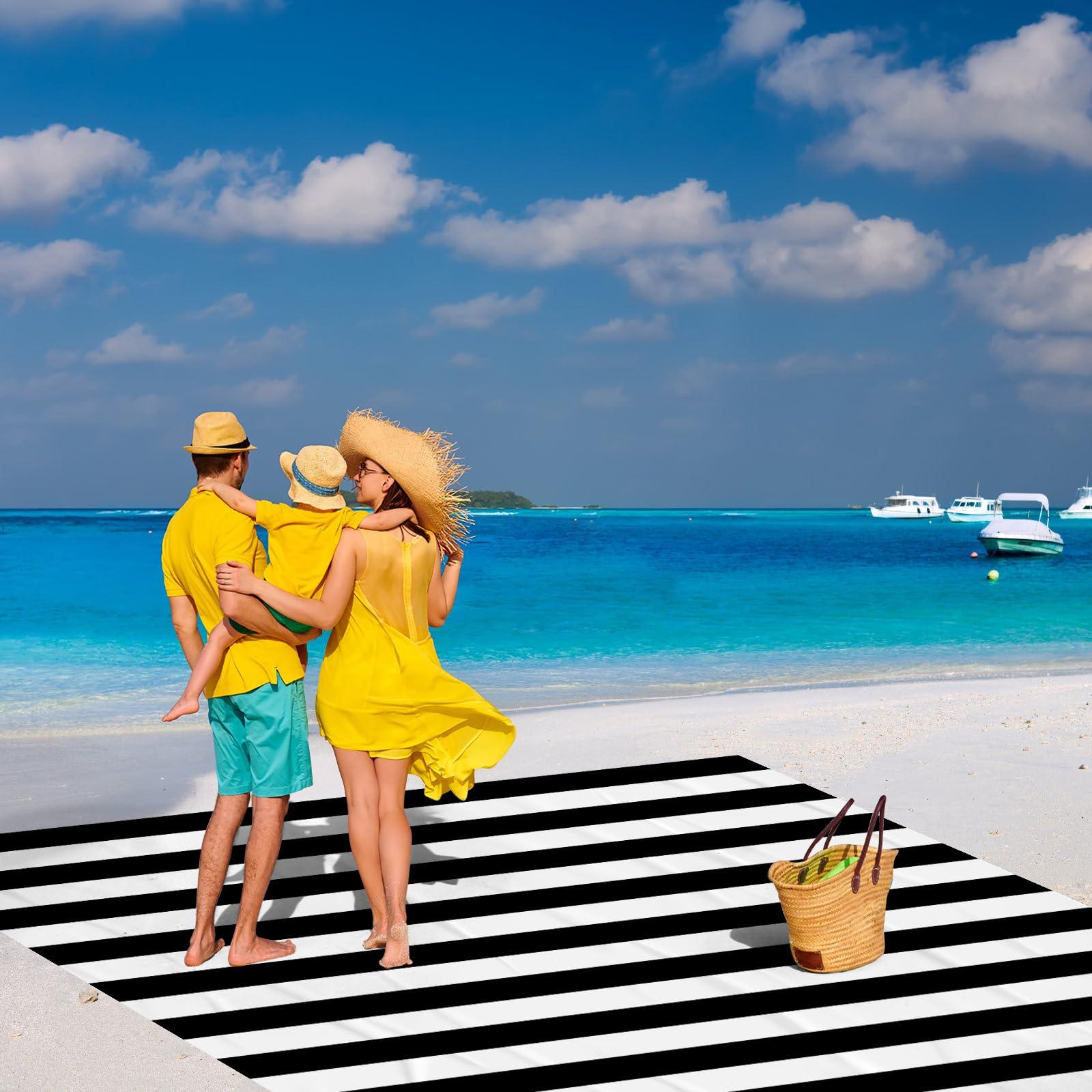 Large Beach Blanket, Black & White Stripe Beach Mat Sand Free Waterproof, Polyester Picnic Blankets Sandproof Stainproof Oversized 9 Ft X 10 Ft for 8 Adults, Beach Essentials Accessories - Image 4