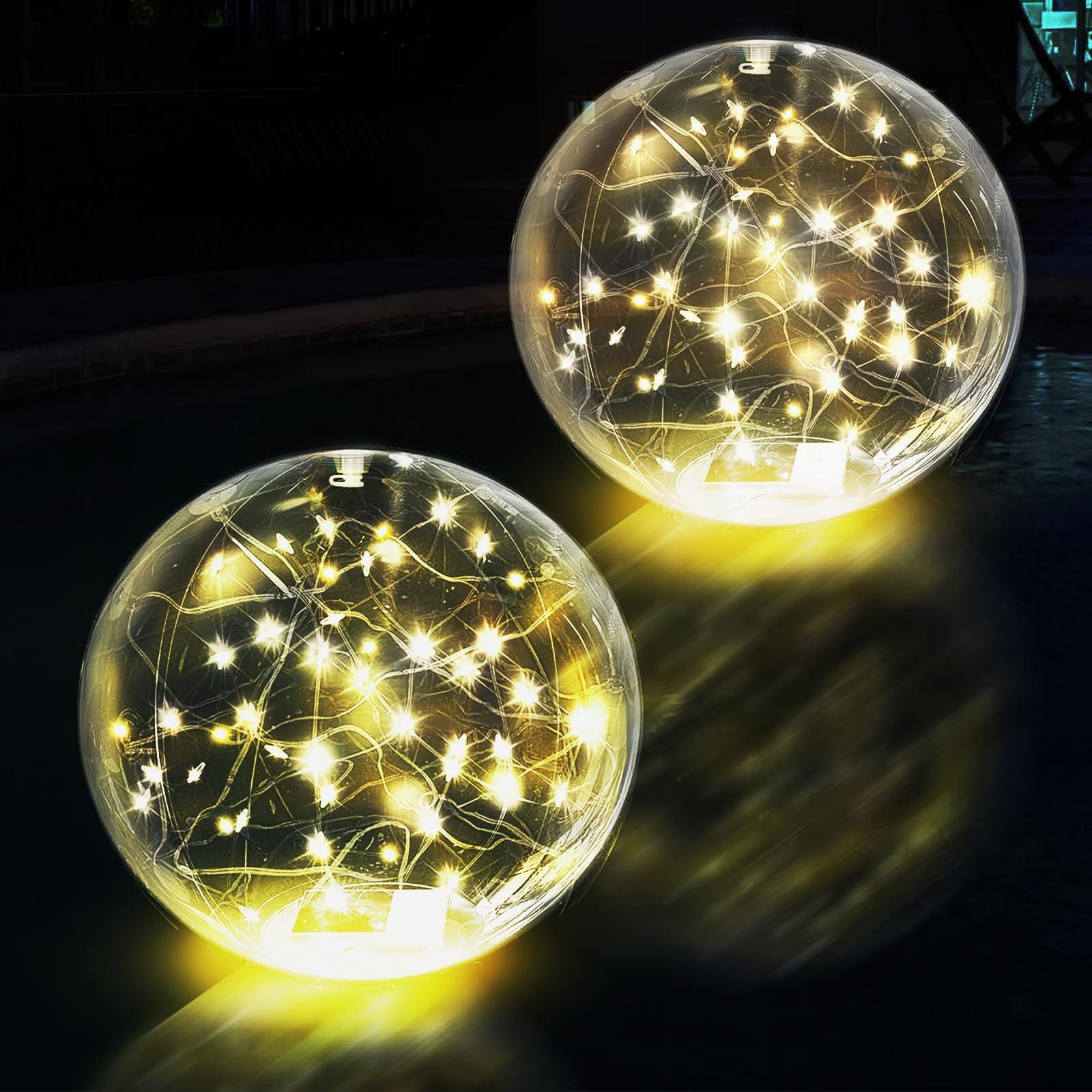 Solar Powered Floating Pool Lights - 14" Inflatable Waterproof Floating Light UP Pool Glow Balls, 3000K Warm-White Led Pool Lights That Float for Party Decorations, Outdoor Patio Detor (2 Pack)