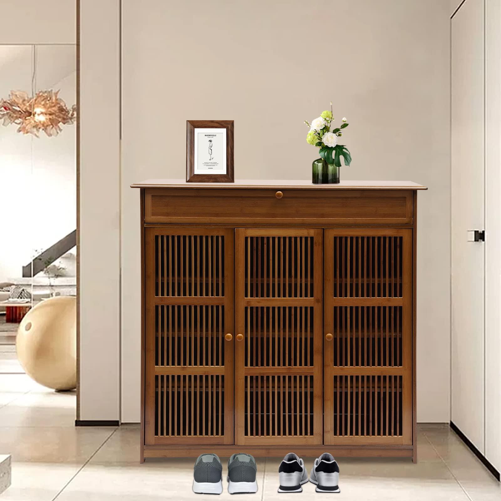 GUDBYWXB 39" Bamboo Shoe Cabinet with Drawer 3-Doors Shoe Cabinet High Heels Storage Rack, for Bathroom, Living Room, Kitchen, Entrance, Etc - Image 7
