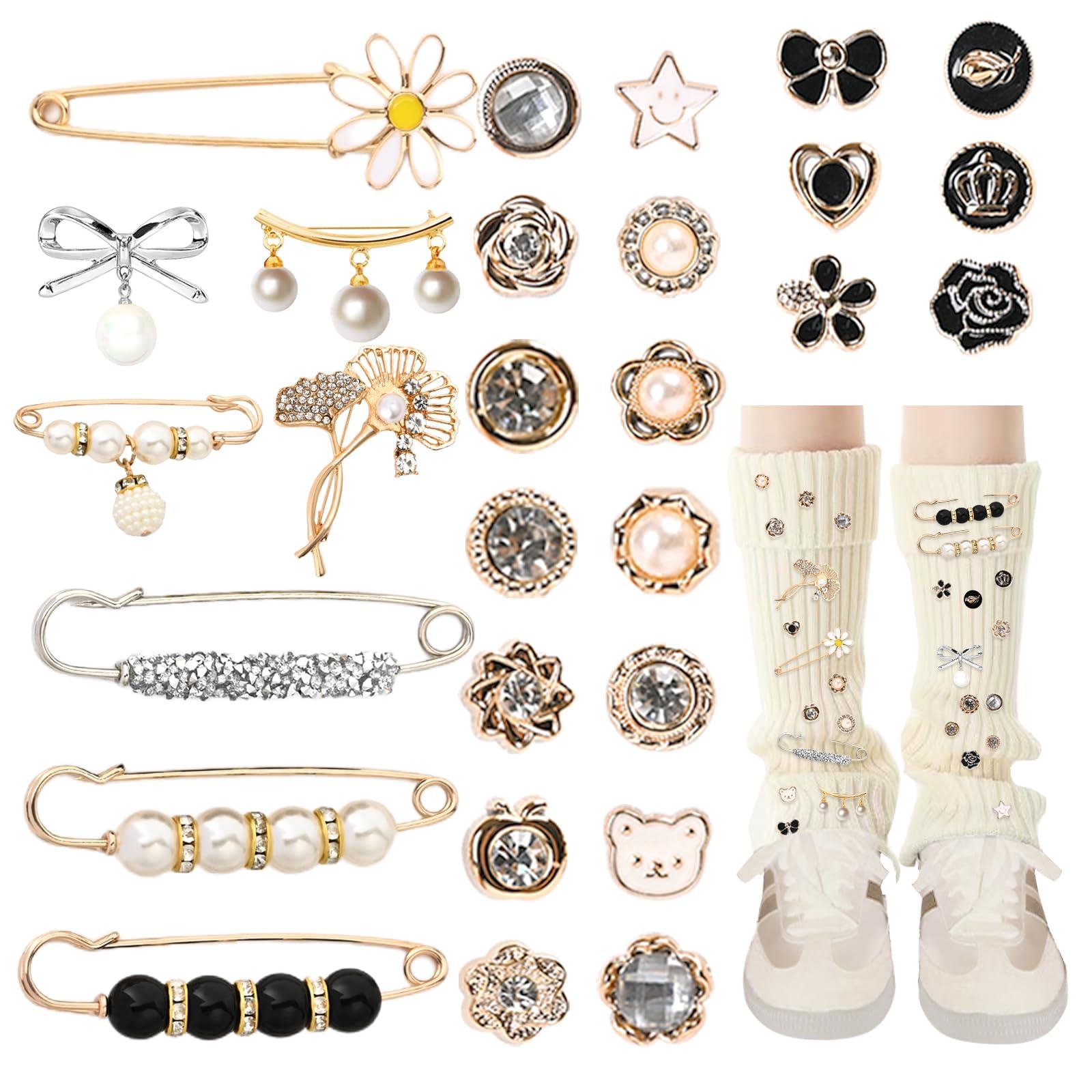 AKSOVA Sock Charms for Socks for Women, 41 PCS Junk Socks Charms Kit, Bulk Jewelry Safety Gold Brooch Pins, Shoe Charms Pins for Sneakers Women Clothes Hats Shoes DIY, Pearl Buttons Kit