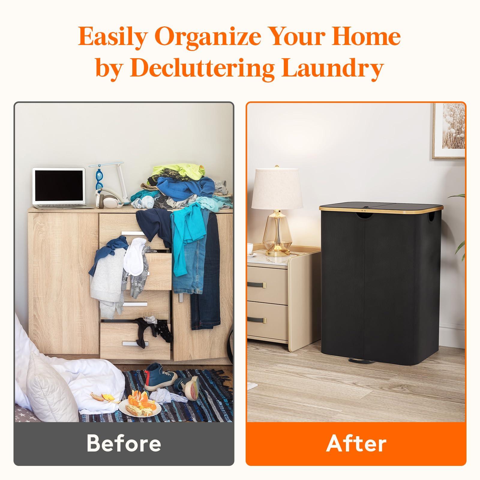 Lifewit 150L Double Laundry Hamper with Lid, Large Laundry Basket with Bamboo Handles and Removable Laundry Bags, Foldable Clothes Hampers for Laundry for Bedroom, Bathroom, Dorm, Laundry Room, Black - Image 7
