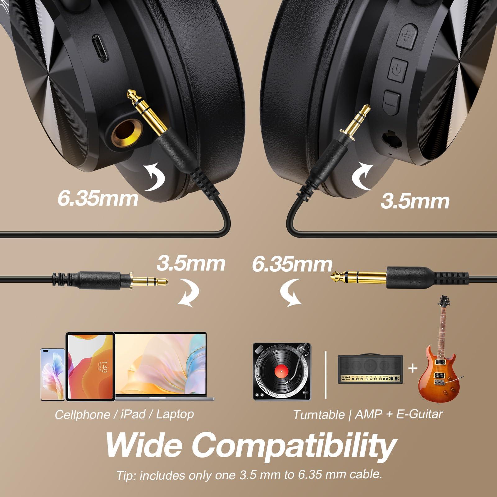 OneOdio A70 Bluetooth Over Ear Headphones, Wireless Headphones with 72H Playtime, Hi-Res, Built-in Mic, 3.5mm/6.35mm Wired Audio Jack for Studio Monitor & Mixing DJ Guitar AMP, Computer Laptop PC - Image 4
