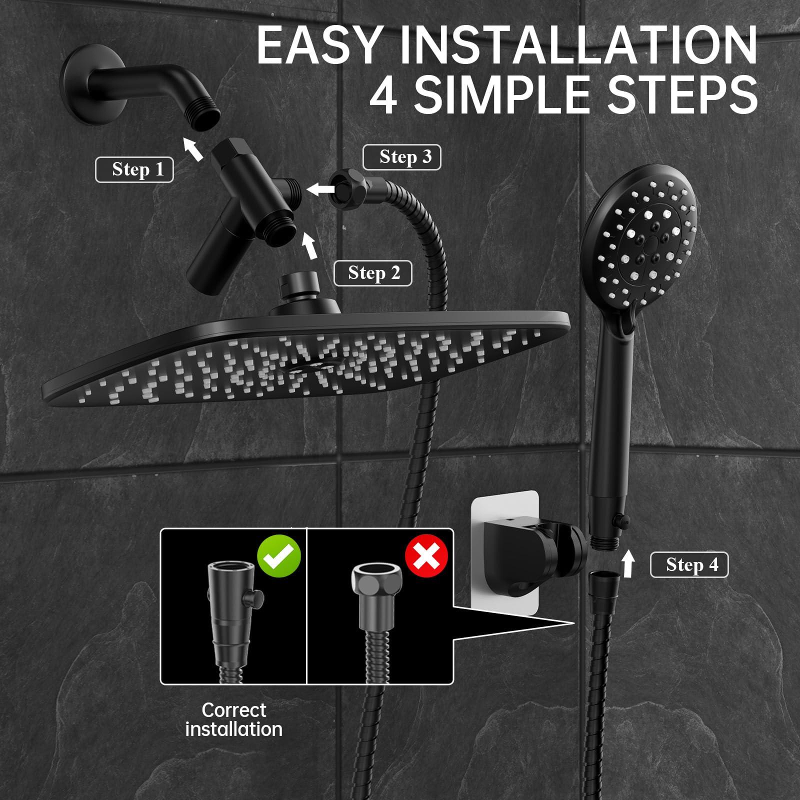 Veken 11.8 Inch Rain Shower Head with Handheld- High Pressure Dual Shower Heads with 5 Modes Handheld Spray Combo- Wide Rainfall Showerhead with Hose, Bathroom Accessories, Matte Black - Image 6