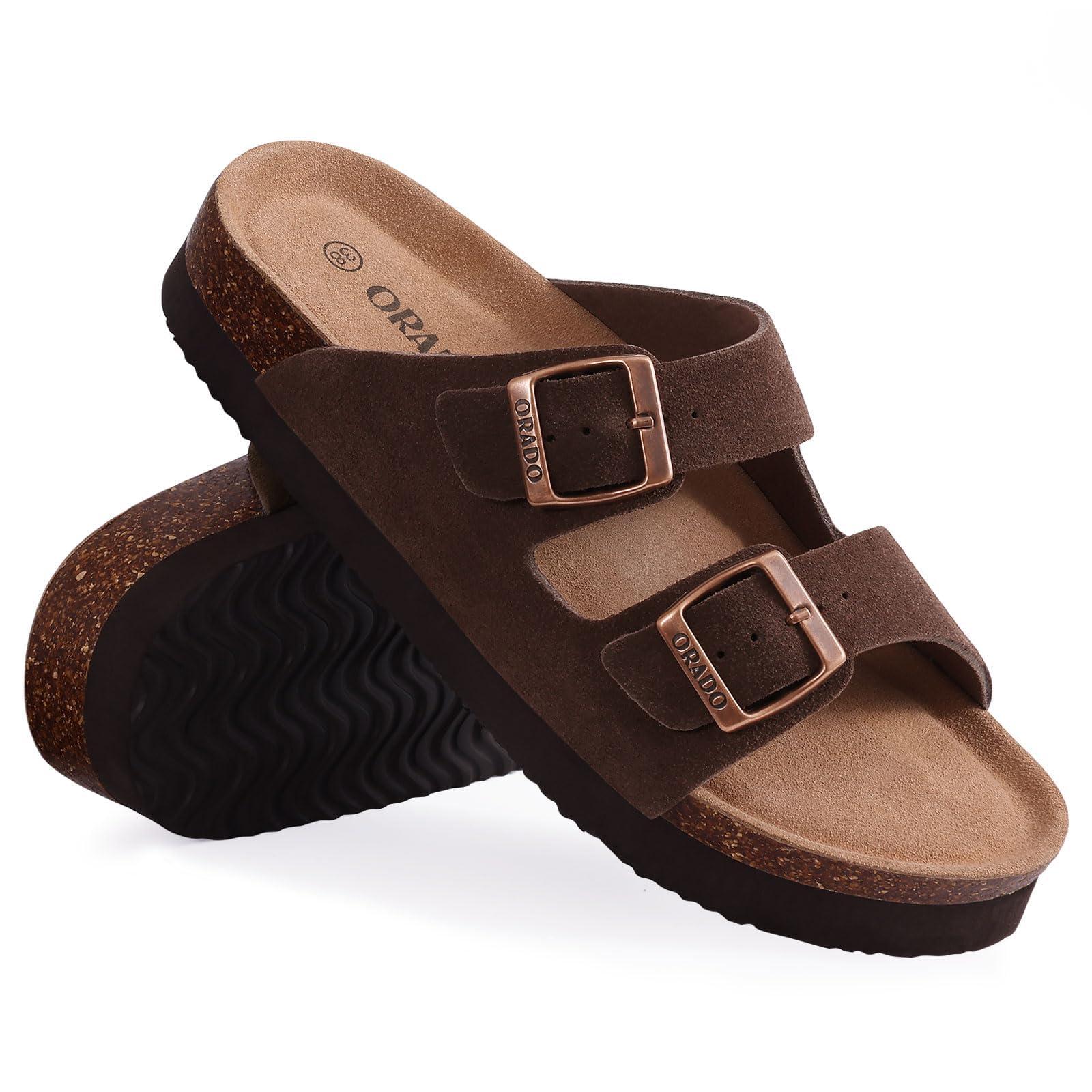 ORADO Platform Suede Sandals for Women Soft Cork Footbed Summer Slides with Adjustable Buckle - Image 3