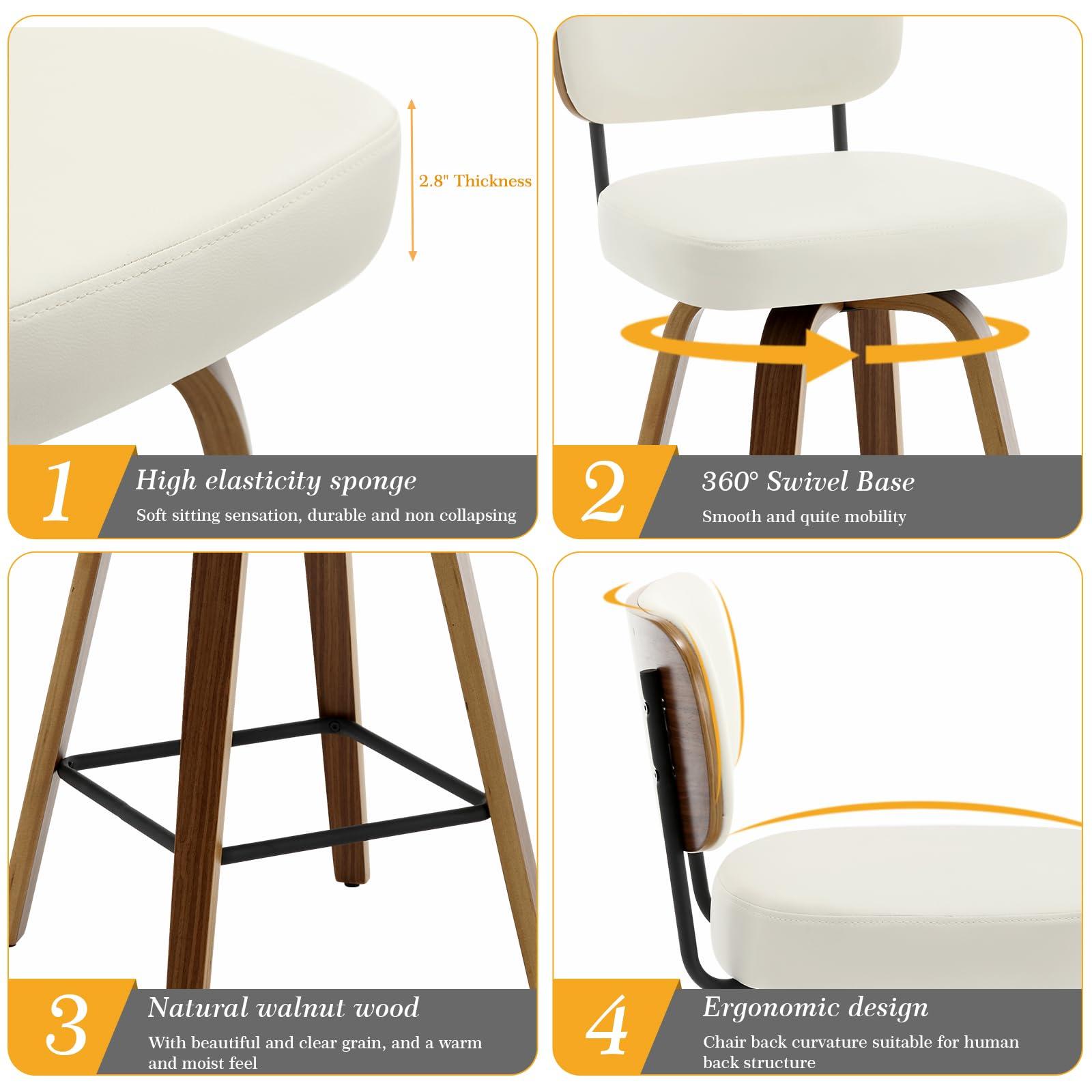 Bekrvio Swivel Counter Height Bar Stools Set of 4, 26" Upholstered Faux Leather Barstools with Back and Bent Wood Legs, Mid Century Modern Bar Chair Island Stool for Kitchen Counter, Cream White - Image 4