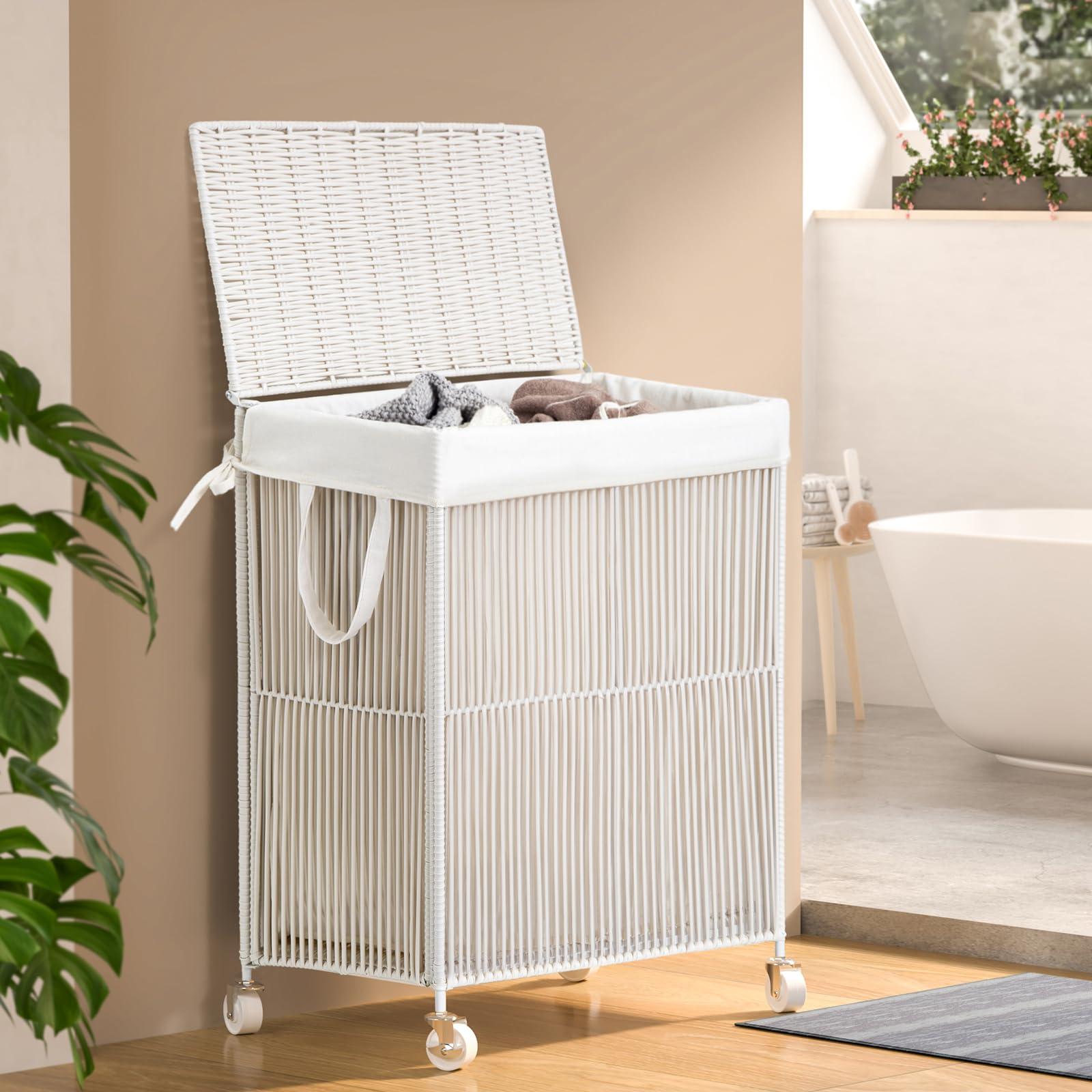 WOWLIVE Laundry Hamper with Wheels, Handwoven Rolling Laundry Basket with Lid, Clothes Hamper with Divided Removable Liner Bag, 115L Large Capacity Laundry Sorter Laundry Room Organization, White - Image 2