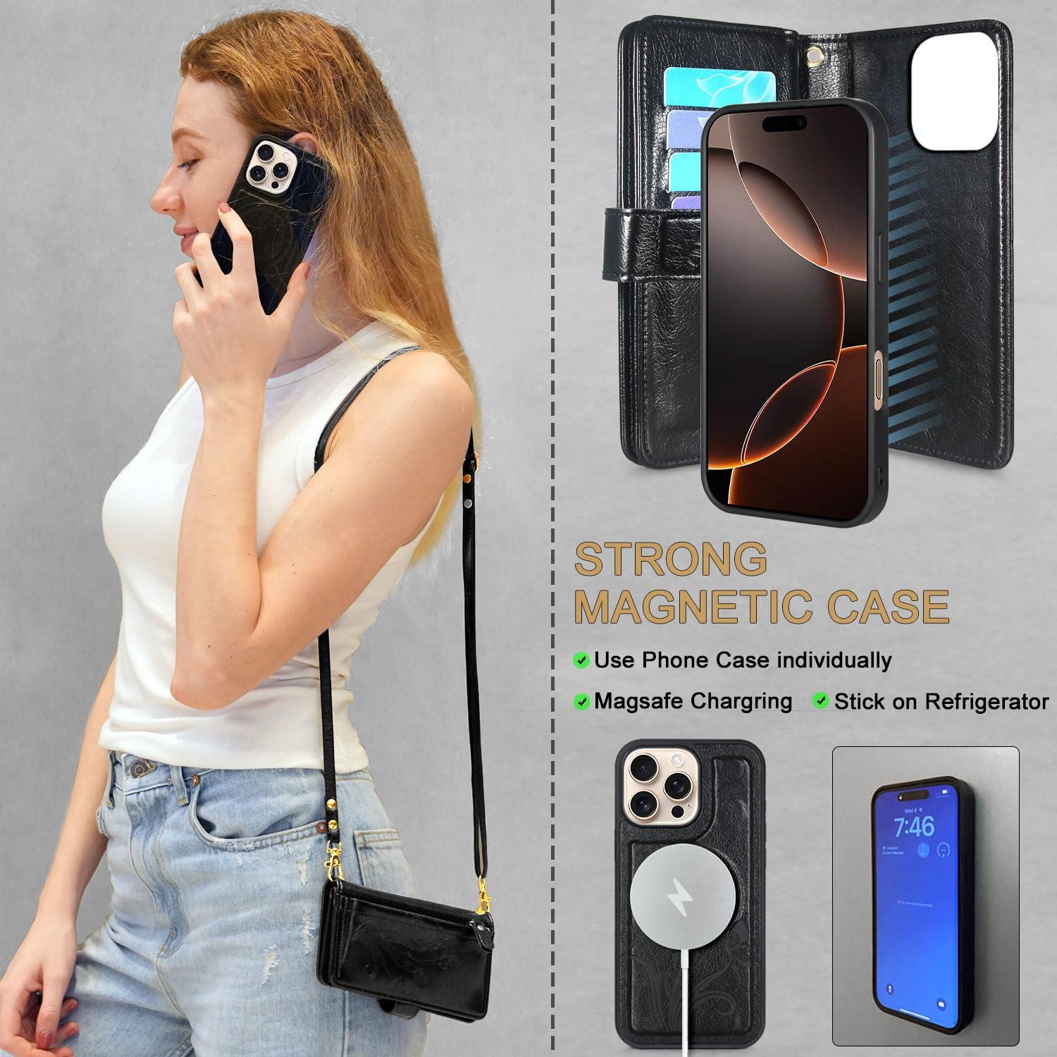 Lacass for iPhone 16 Pro 6.3 inch Detachable Crossbody Wallet Case,Compatible with Wireless Charging, [Cards Theft Scan Protection], Magnetic Case Stand PU Leather Zipper(Floral Black) - Image 3