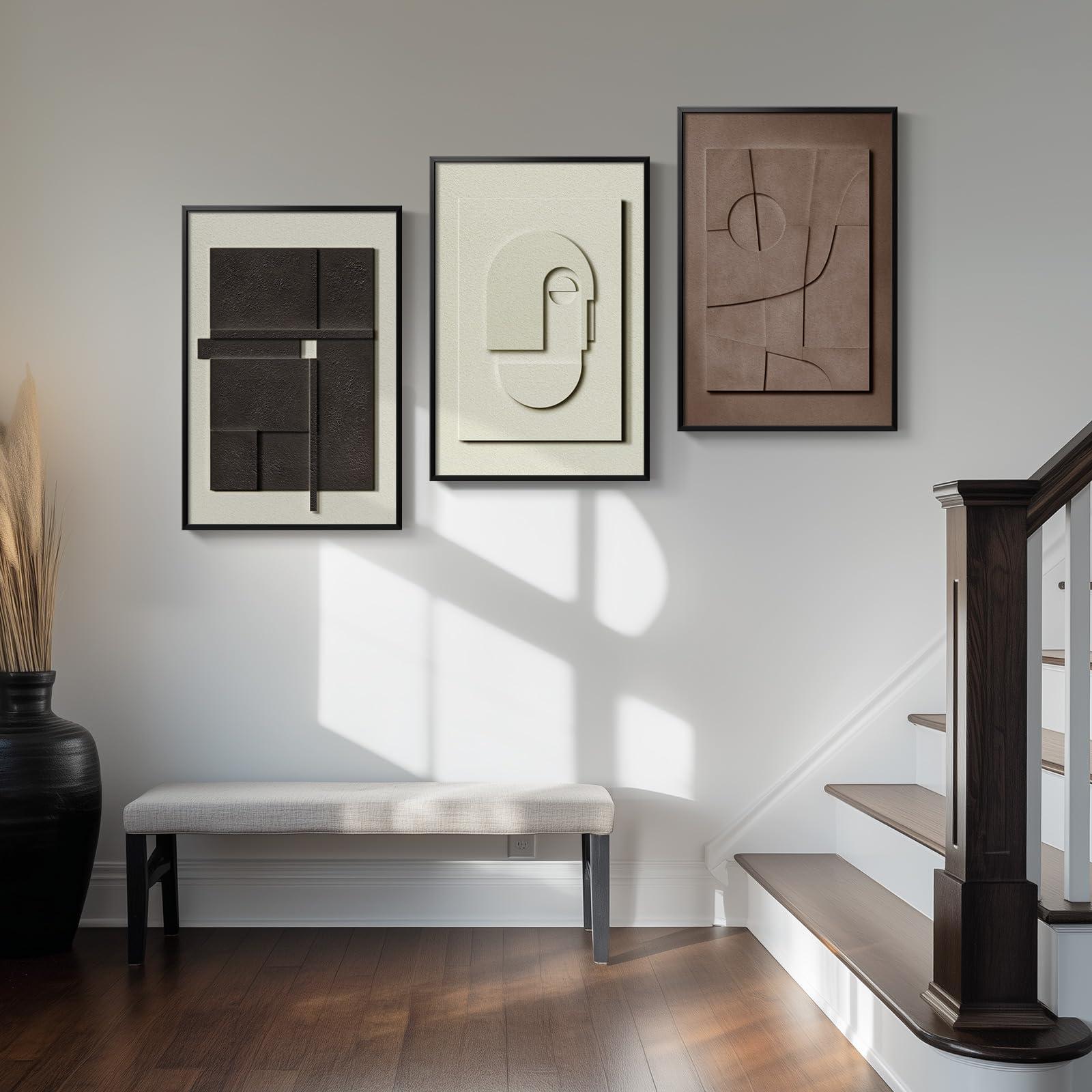 3D Textured Framed Abstract Wall Art, 3 Piece Modern Paintings Artwork for Walls, Black White Brown Geometric Sandstone Texture Pictures for Living Room Dining Room Bedroom Office Wall Decor 16x24 In - Image 5