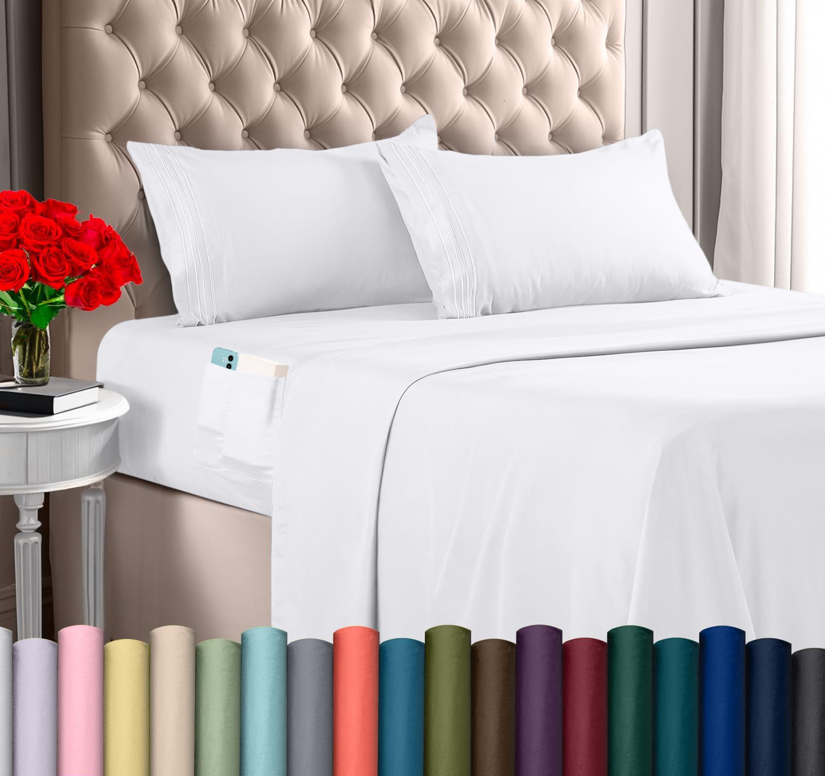 Utopia Bedding Queen Sheet Set, Soft Microfiber 4 Piece Hotel Luxury Bed Sheets for Women, Men, Kids & Teens with Side Storage Deep Pocket Fitted Sheet - Pillow Cases - Flat Sheet (White)