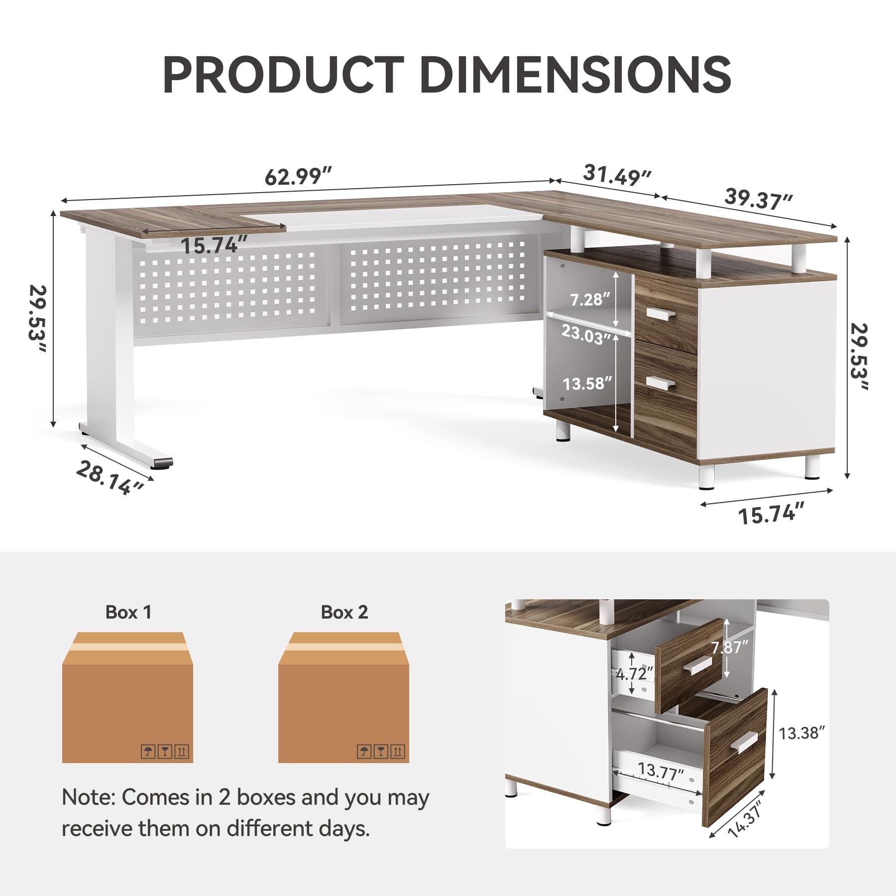LITTLE TREE Large Computer Desk with File Cabinet, 63 Inch Executive Desk L Shaped Office Desk with Drawers and Storage Shelves, Business Furniture Desk Workstation for Home Office - Image 3
