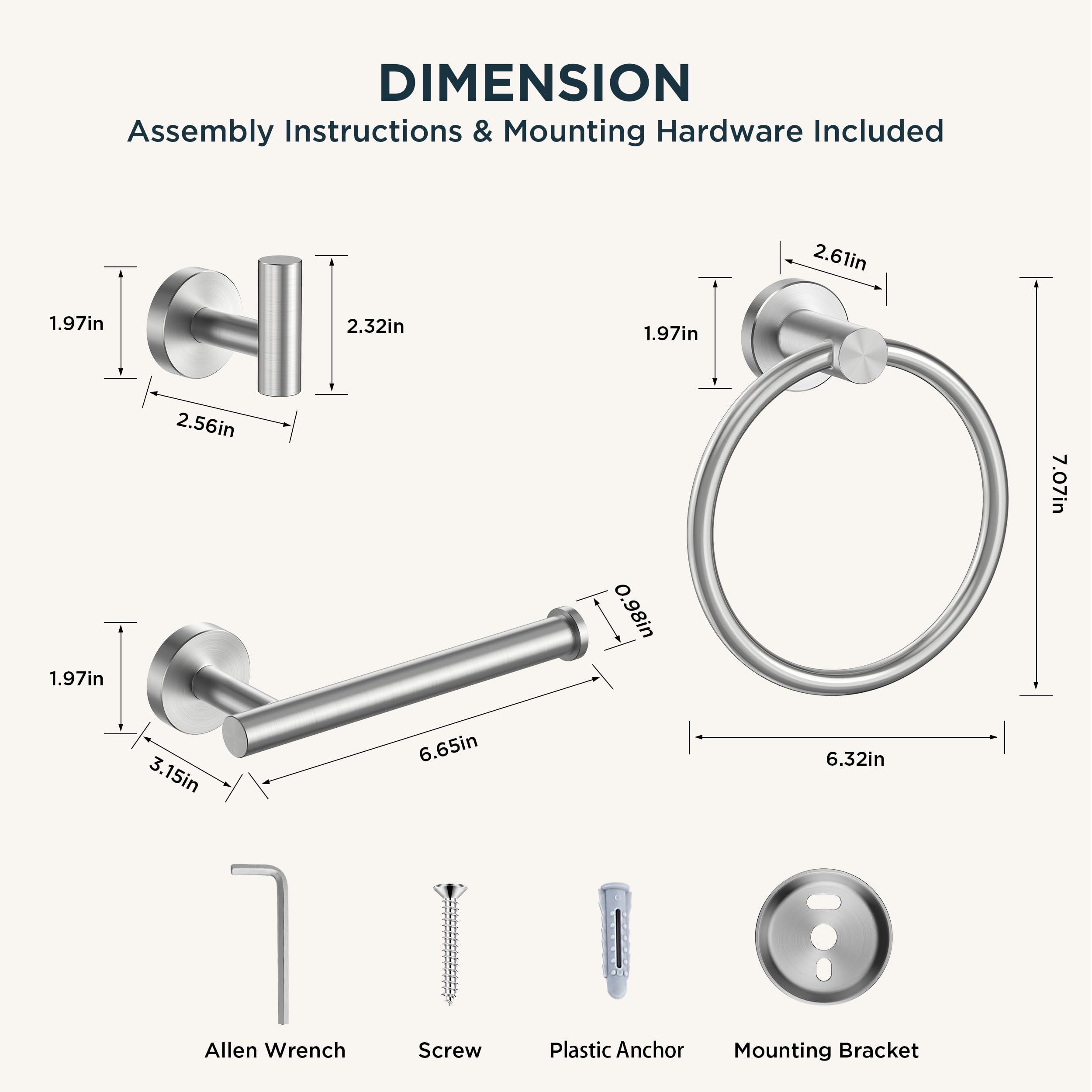 FORIOUS 4 Piece Brushed Nickel Bathroom Accessories, SUS304 Stainless Steel Toilet Paper Holder and Hand Towel Holder Set, Wall Mounted Bathroom Hardware Set with Towel Ring and Hooks - Image 2