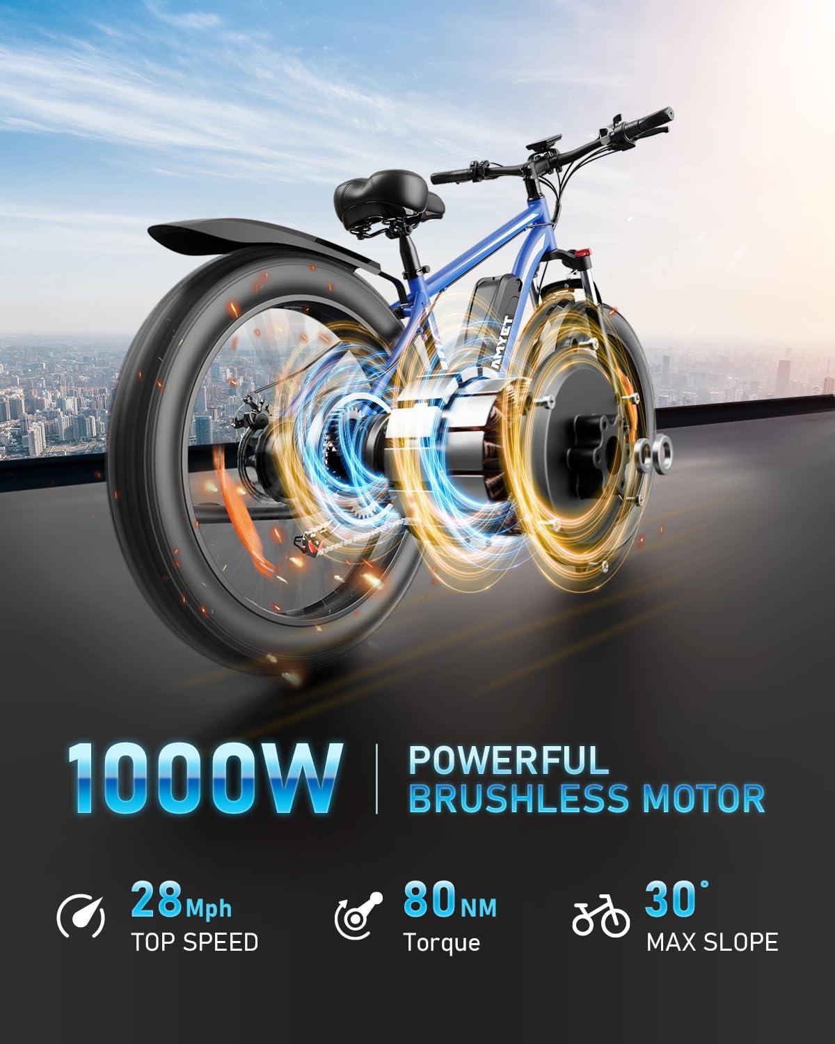 AMYET EB26 Electric Bike for Adults Peak 1500W Electric Bicycle 48V 15AH (720WH) Battery Electric Bike 26" Fat Tire Mountain 28mph 7 Speed Gears Ebike - Image 2