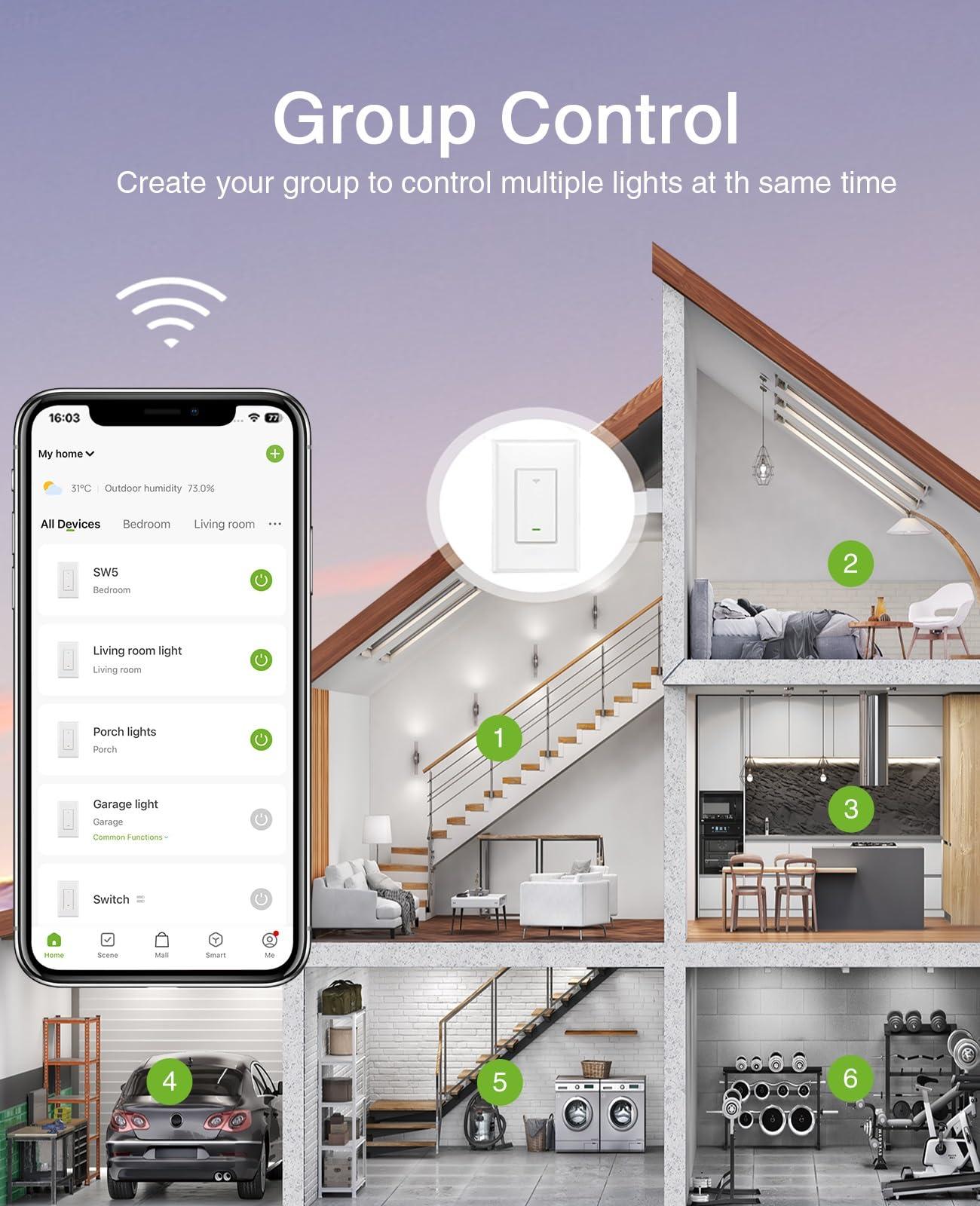 GHome Smart Switch, Smart Wi-Fi Light Switch Works with Alexa and Google Assistant 2.4Ghz, Single-Pole,Neutral Wire Required,UL Certified,Remote/Voice Control, No Hub Required (4 Pack) - Image 6