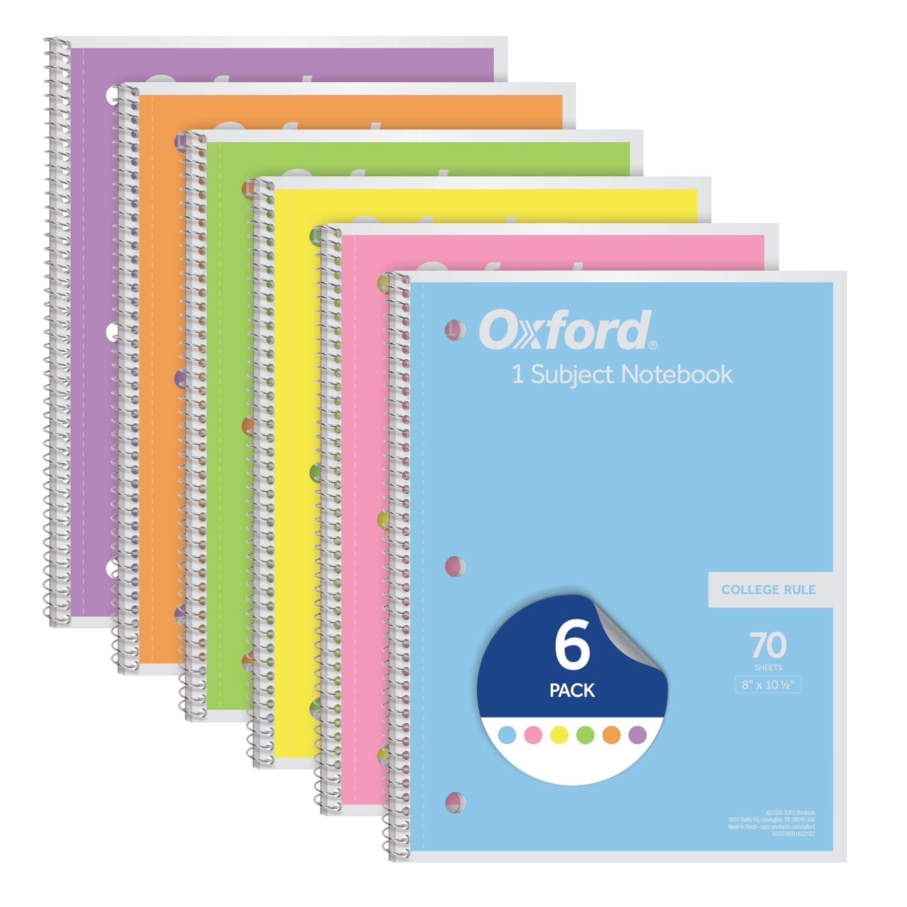 Oxford Spiral Notebook, 1 Subject, College Ruled Paper, 8 x 10-1/2 Inch, Pastel Pink, Orange, Yellow, Green, Blue and Purple, 70 Sheets (63756), Set of 6