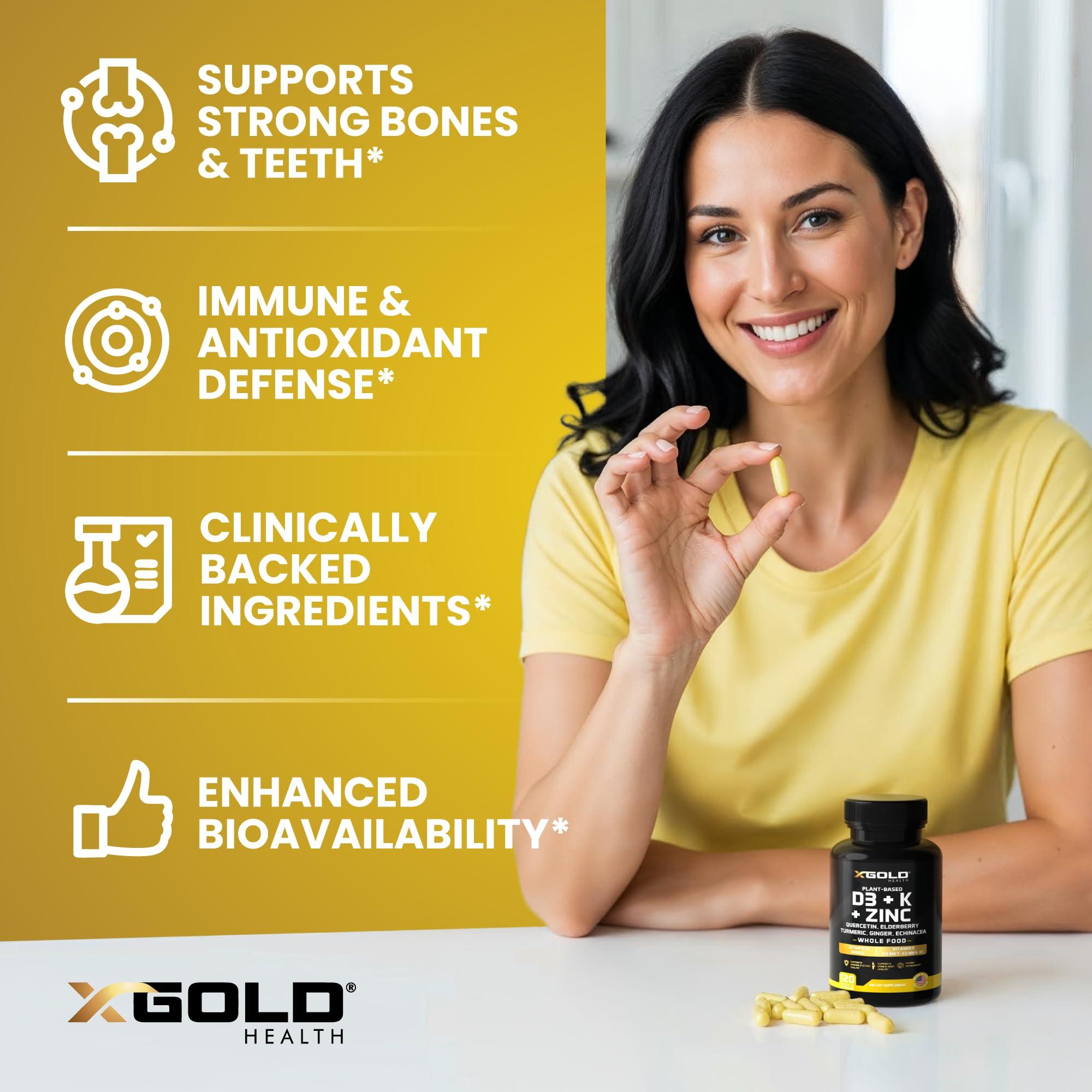 Vitamin D, K2, K1, Zinc, Quercetin, Elderberry, Turmeric, Ginger & Echinacea Whole Food Supplement 8 in 1- D3 5000 IU Plant-Based from Lichen, Vitamin K (K2 MK7, MK4, K1), D3 K2 Vitamins -120 Capsules - Image 4
