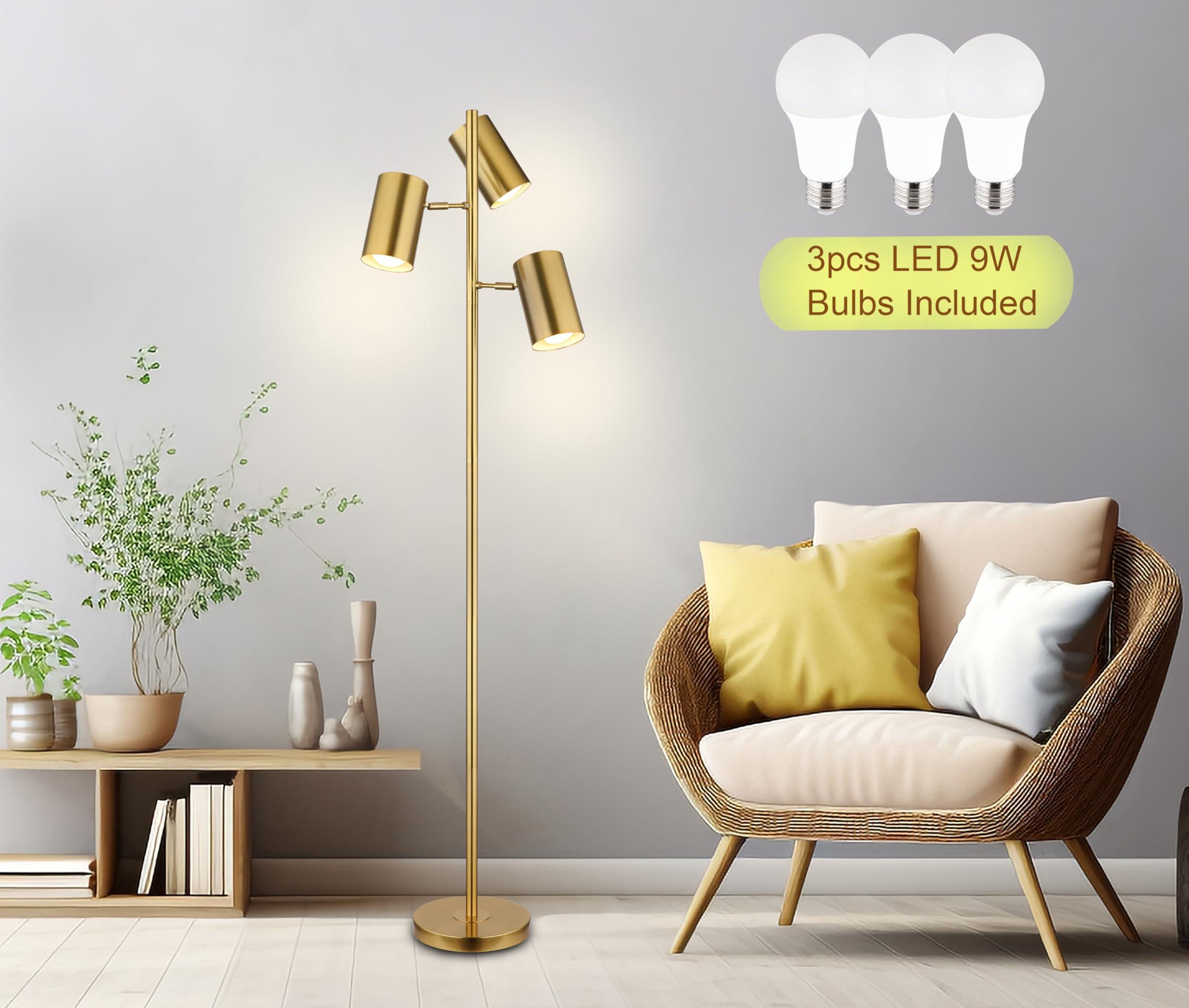 Tree Floor Lamp with 3 Light Bulbs,Gold Standing Tall Pole Lamp with 3 Adjustable Rotating Lights,Farmhouse Floor Lamp for Living Room Bedroom Office,Vintage Standing Lamp 9W E26 LED Bulbs Included - Image 4