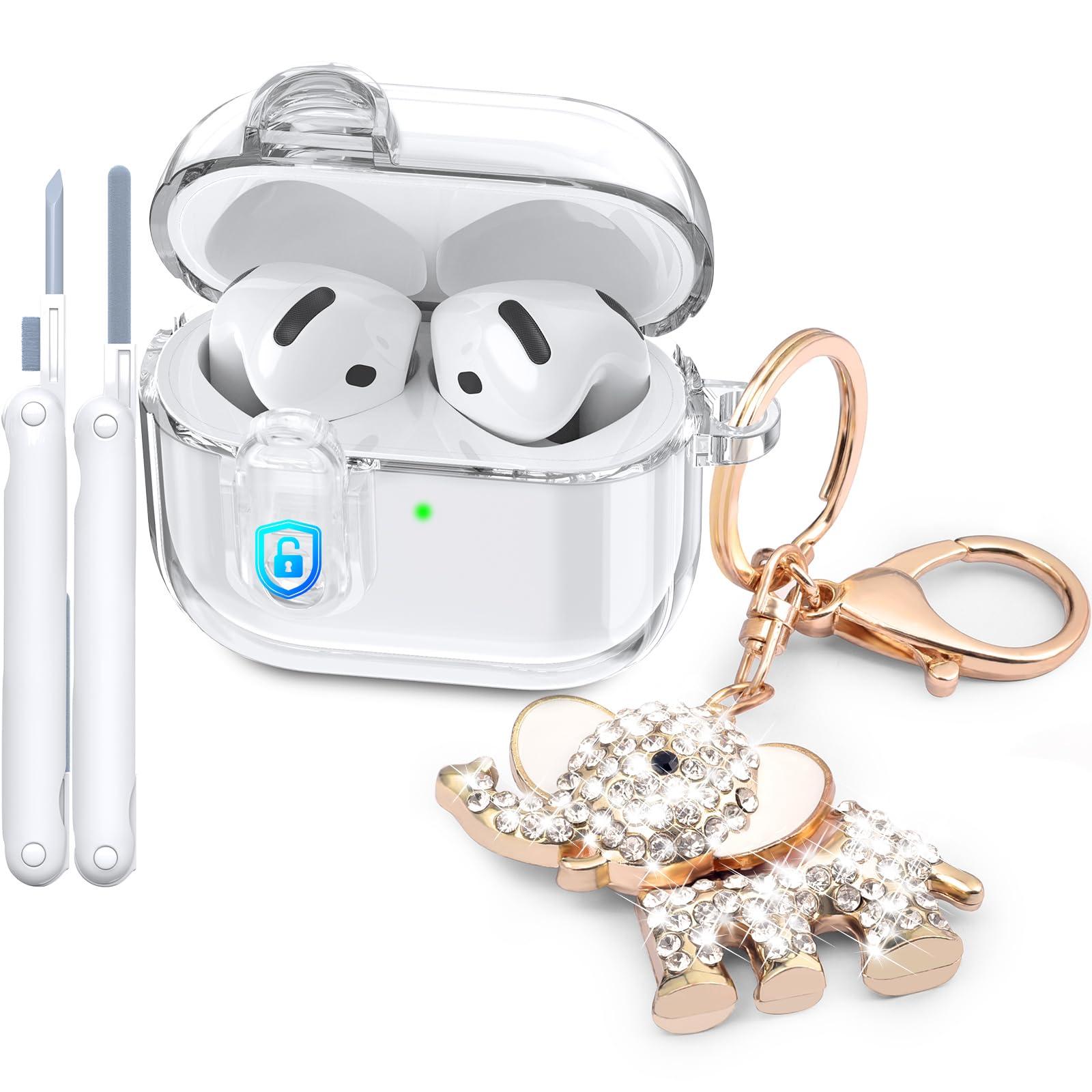 MOFREE Safety Lock Clear Case for Airpods 4 Case 2024 with Cleaner Kit & Elephant Keychain,Soft TPU Transparent airpods 4th Generation Case,Protection Cover for Cute Apple Air pods 4 Case Women Clear