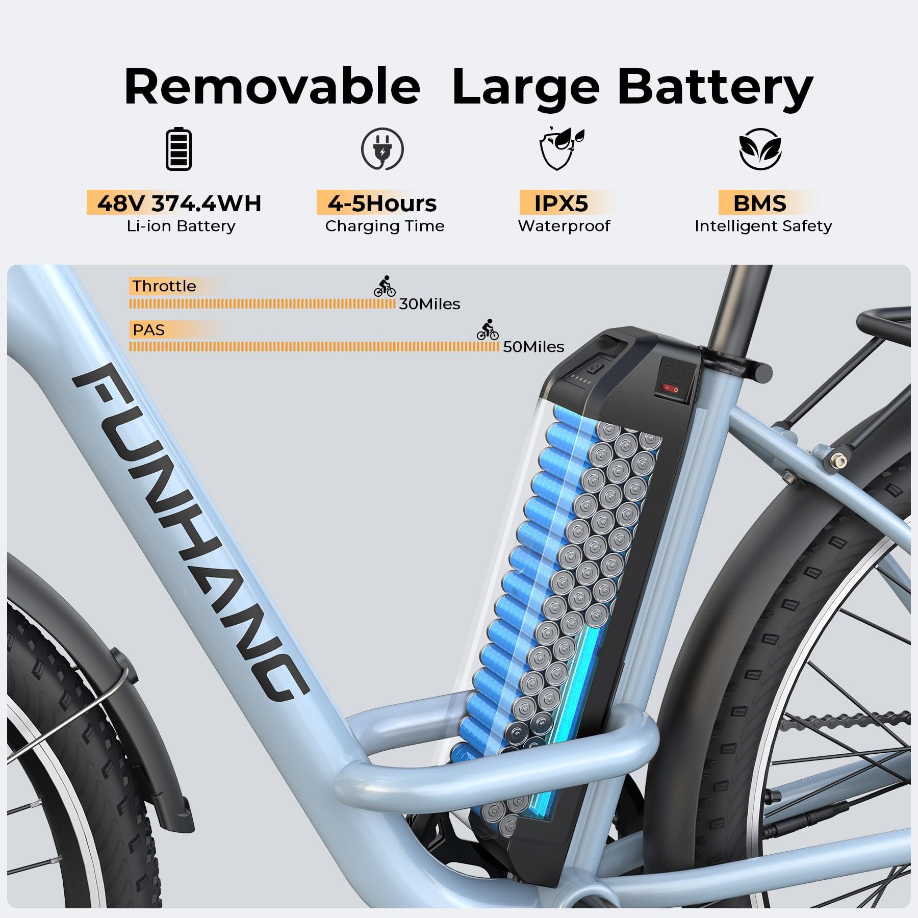Funhang Electric Bike for Adults, 1000W Peak Ebike, 21.7MPH 50Miles City Cruiser Ebikes, 26" Step Thru Electric Bicycle with 48V Removable Battery, Adjustable Stem, Rear Rack, Front Suspension,7 Speed - Image 3