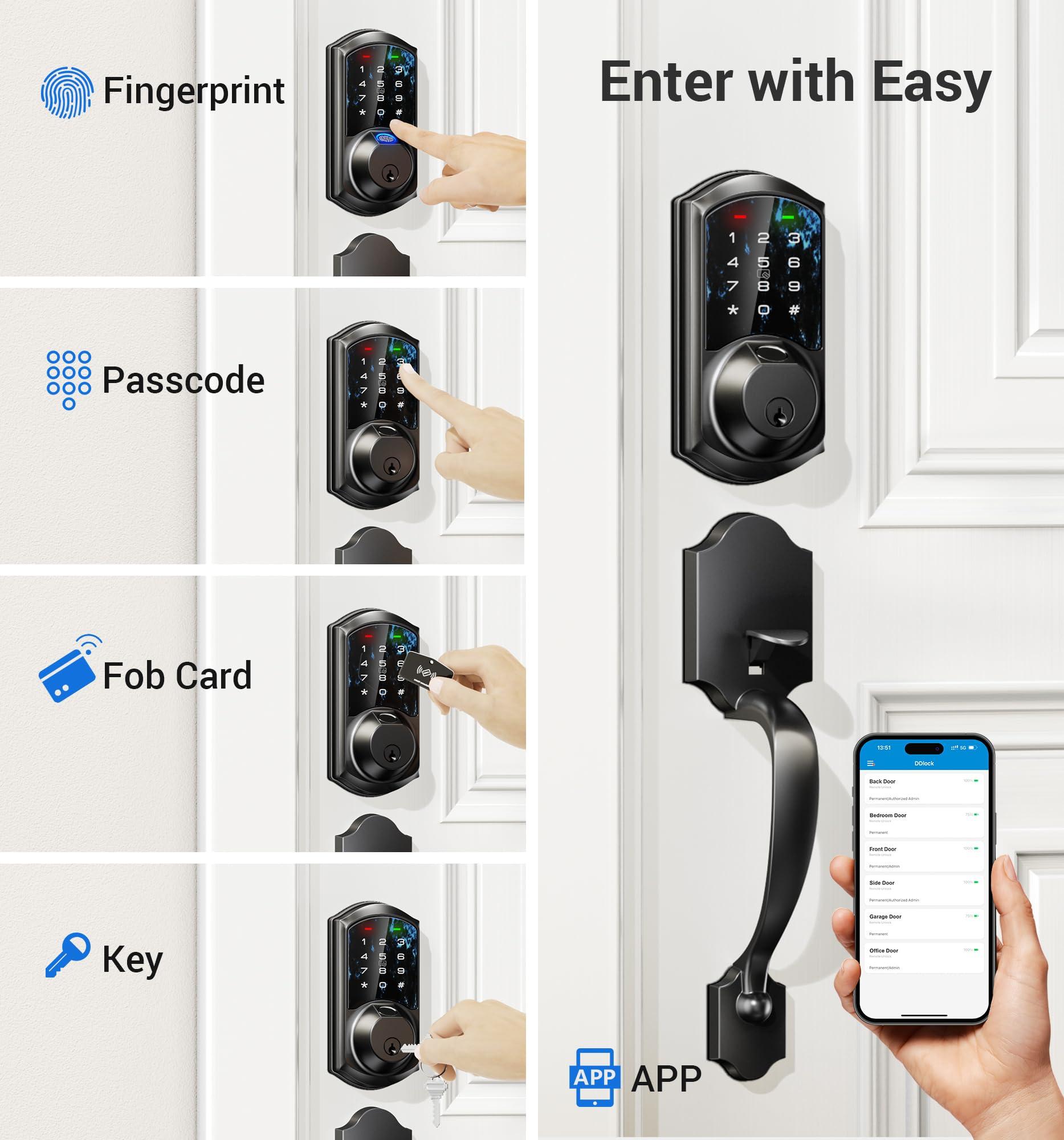 Veise VE07-H Fingerprint Smart Locks for Front Door with Handle Set, App Control, Keyless Entry Keypad Deadbolt, Digital Electronic Touchscreen, Easy Install, Auto Lock, Matte Black - Image 2