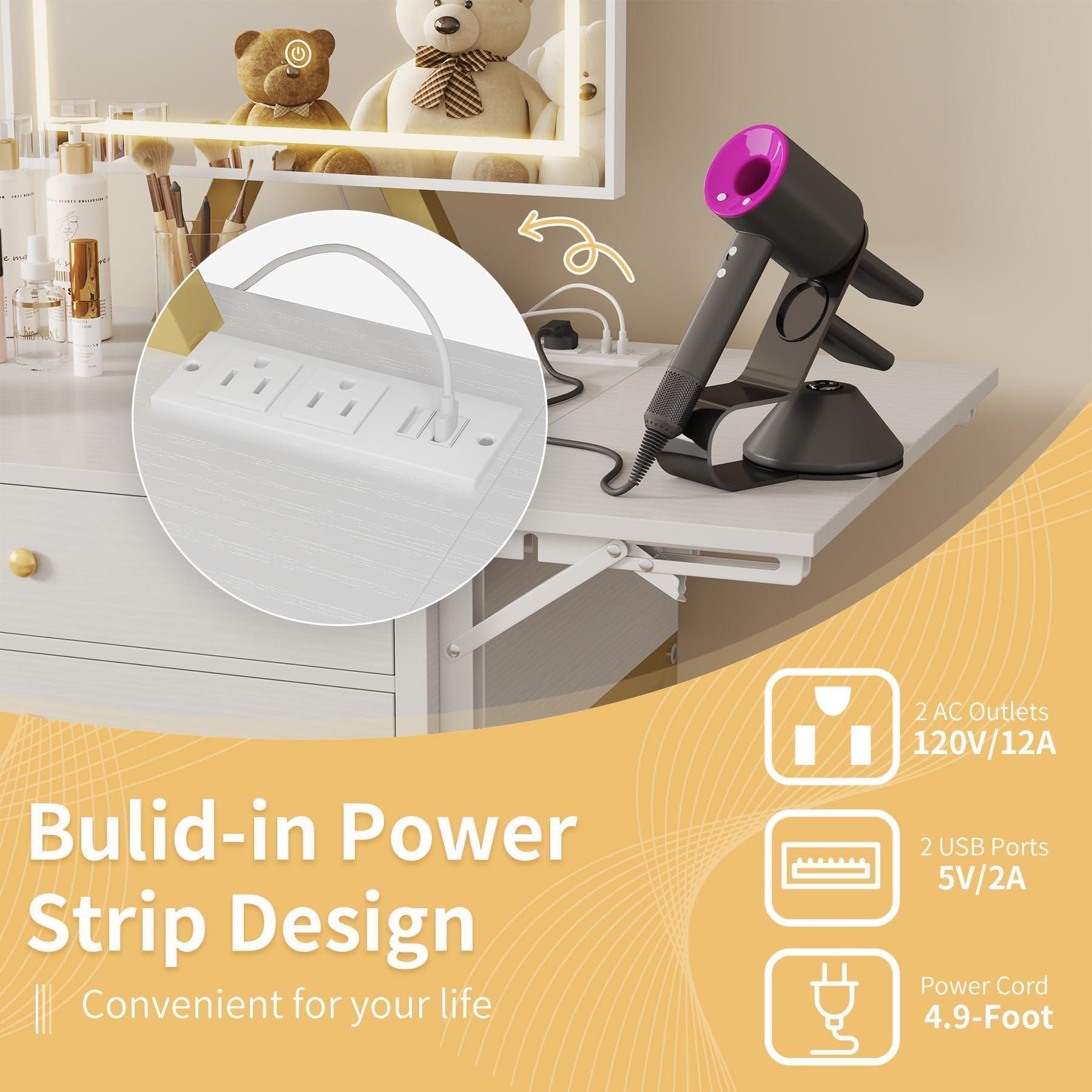 KAI-ROAD Small Makeup Vanity Desk with Lights - White Girls Vanity Set with Mirror and Chair, Make Up Dresser Table with Drawers and Power Outlet for Bedroom Small Space, Gold - Image 6
