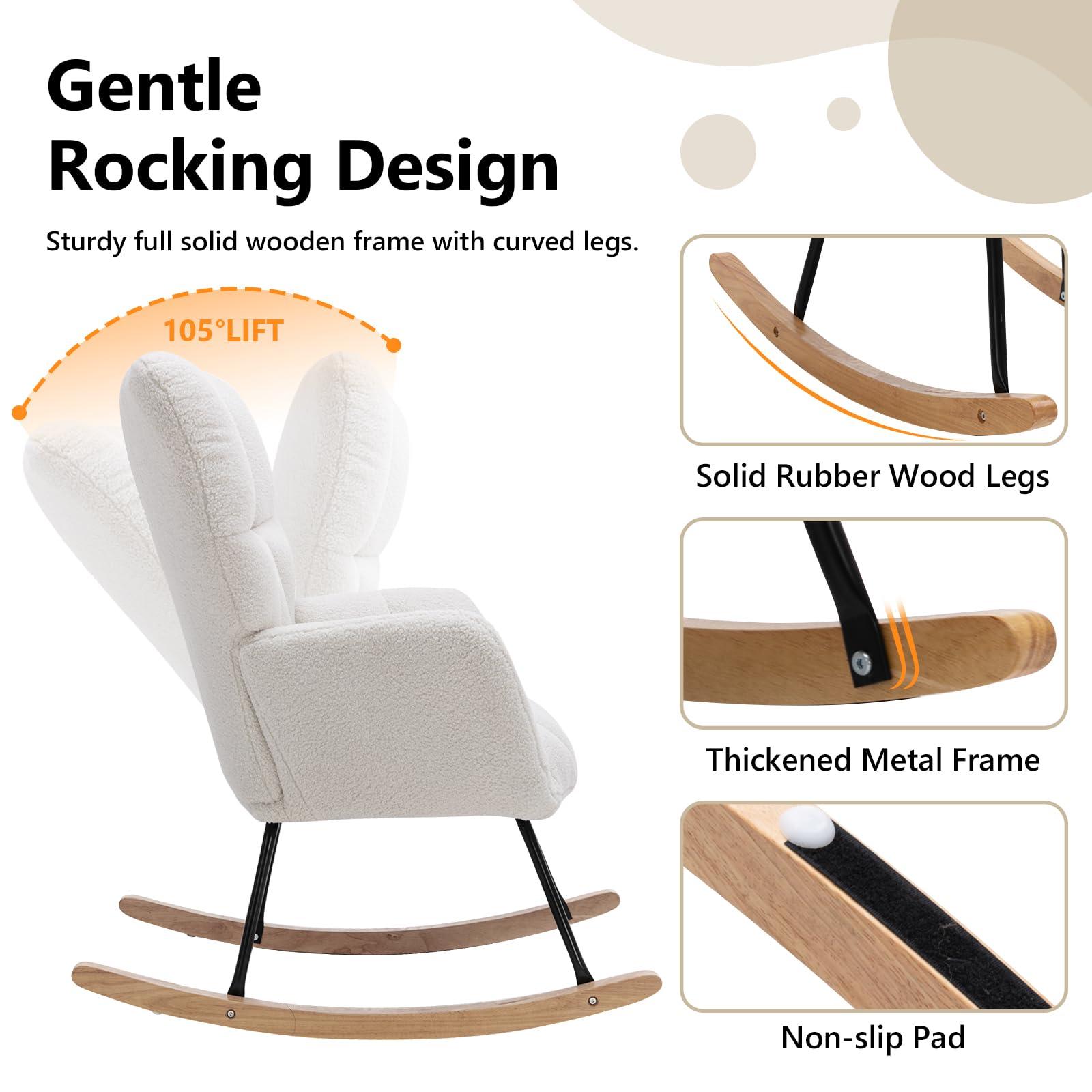 NIOIIKIT Nursery Rocking Chair Teddy Upholstered Glider Rocker Rocking Accent Chair Padded Seat with High Backrest Armchair Comfy Side Chair for Living Room Bedroom Offices (Ivory Teddy) - Image 5