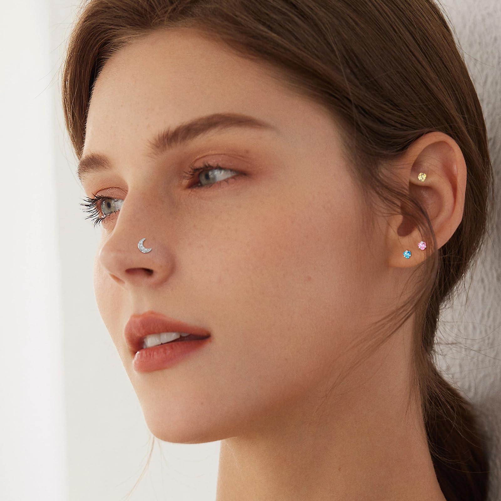 ONESING 36-44 Pcs 18G 20G Nose Rings Studs Nose Rings for Women Nose Piercings Jewelry Surgical Stainless Steel Nose Studs Moon Star Heart Butterfly Hypoallergenic Body Piercing Jewelry for Women Men - Image 6