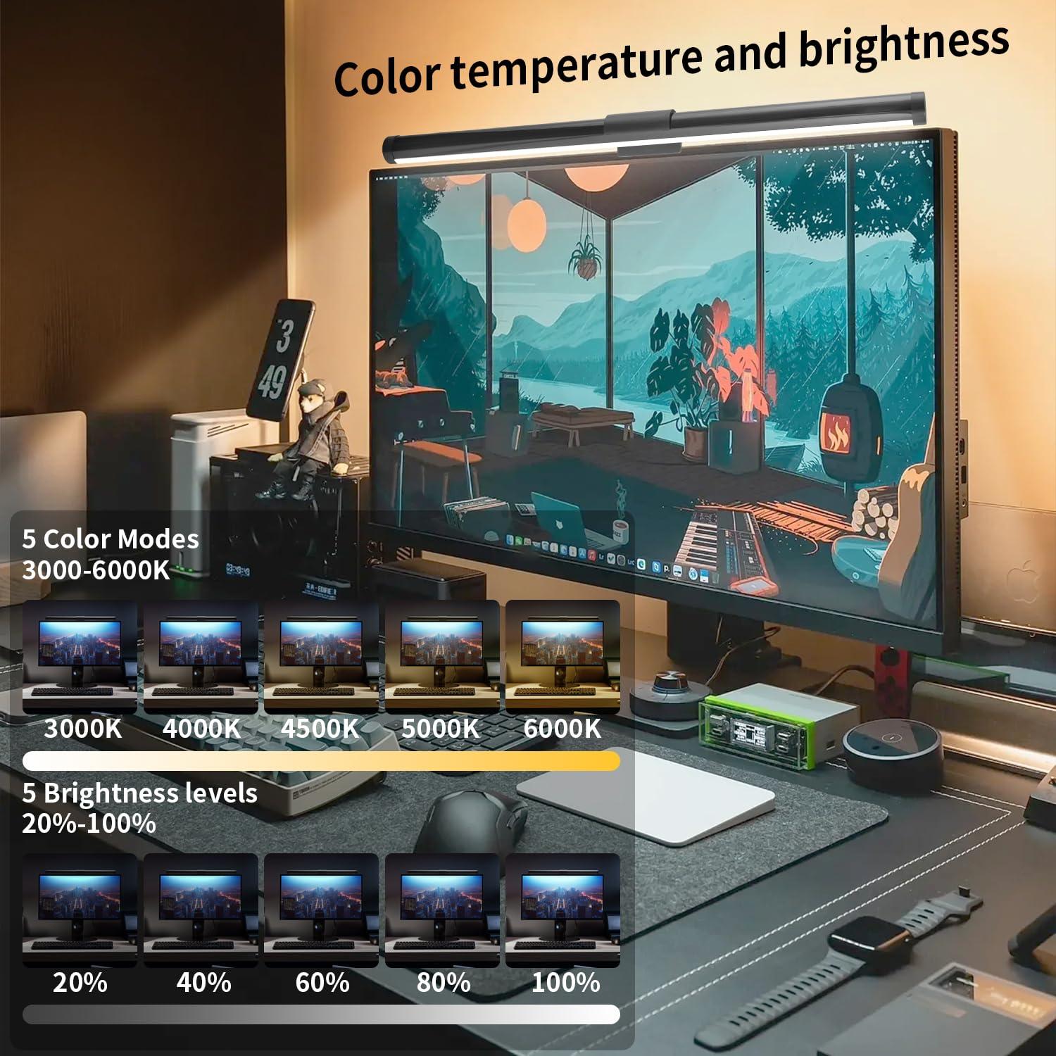 KEING USB Reading Screen Monitor Light, 15 Modes RGB Dimmable Backlight, Eye-Care Dual Light Computer Light Bar Gaming Office Desk Lamp, 5 Color Temperature Adjustable Brightness - Image 3