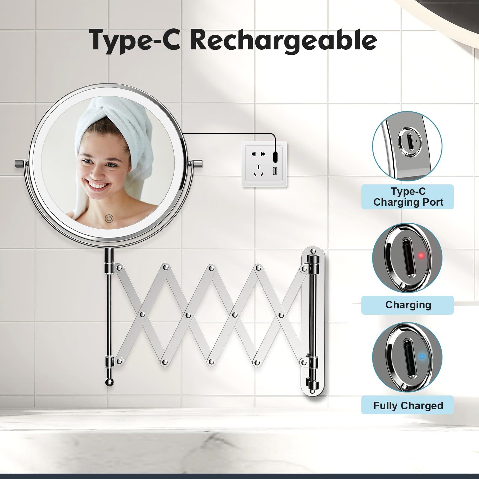 Rechargeable Wall Mounted Makeup Mirror - 8 Inch Double Sided 1X/10X Magnifying Mirror with 3 Color Lights Dimmable Touch Screen, 360°Swivel 19.6 Inch Extendable Accordion Bathroom Mirror - Chrome - Image 8