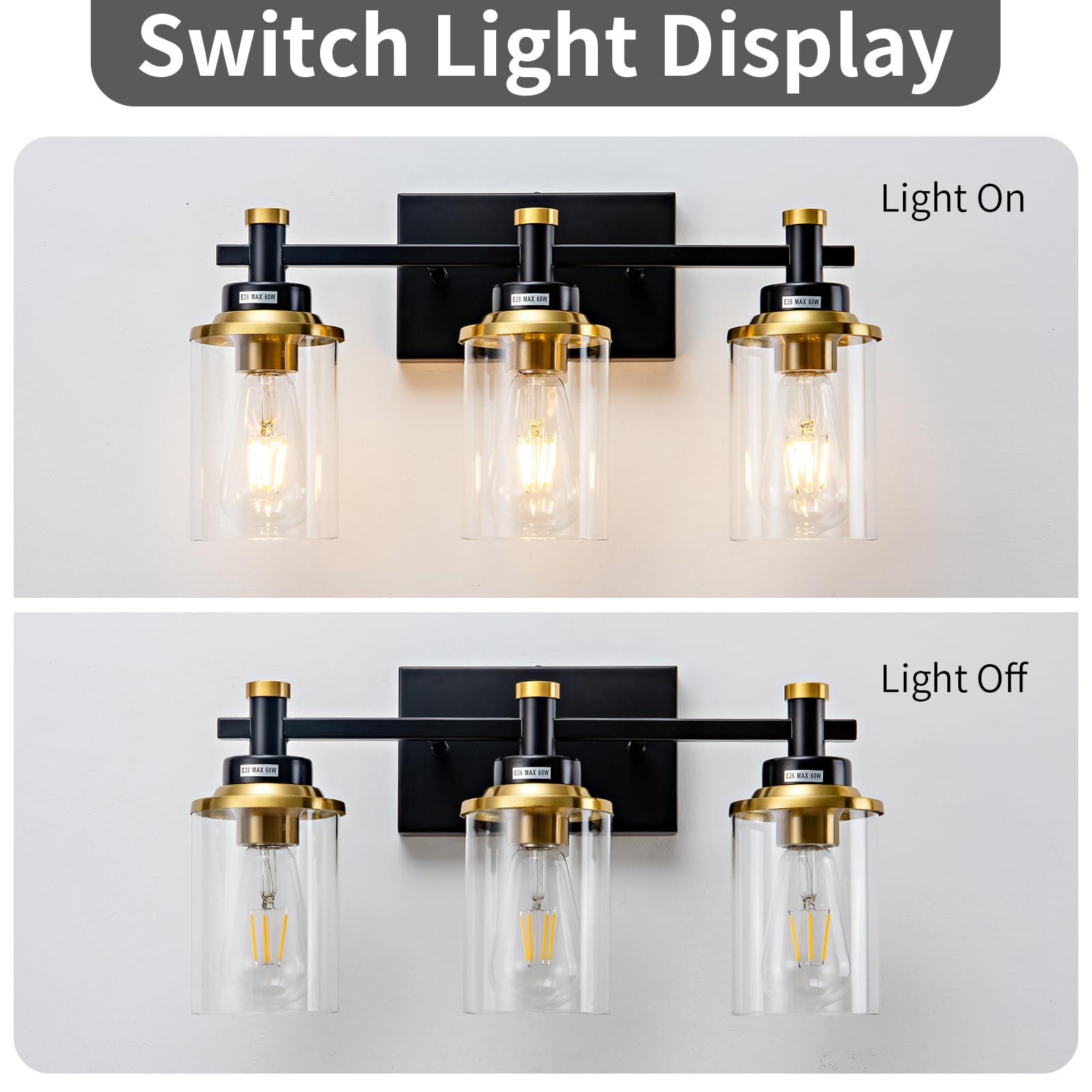 Aixialin 3 Light Bathroom Light Fixtures, Black and Brushed Gold Vanity Light Fixture Over Mirror, Modern Wall Sconces Lighting Wall Lamp for Bathroom, Bedroom, Hallway with Clear Glass Shade - Image 3