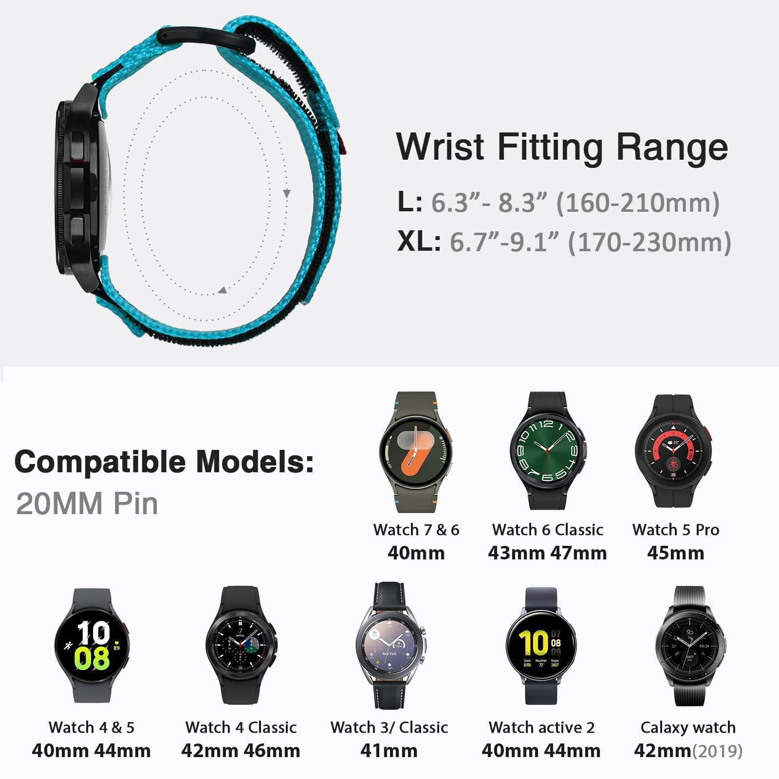 Nereides Band Compatible with Samsung Galaxy Watch 7 6 5 4 40mm 44mm/Watch 6 4 Classic/Galaxy Watch 5 Pro/Galaxy Watch 3/Classic 41mm/Active 2, 20mm Nylon Sports Strap for Men Women(Blue,L) - Image 3