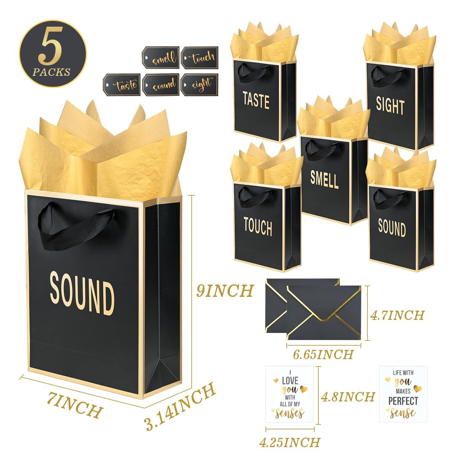 Gold Foil 5 Senses Gift Bags for Him Her with Labels Envelopes and Cards, Sight Smell Touch Taste Sound Gift Bags with Tissue Handle for Birthday, Anniversary, Mother's Day, Valentine's Day(9x7x3.15inch) - Image 3