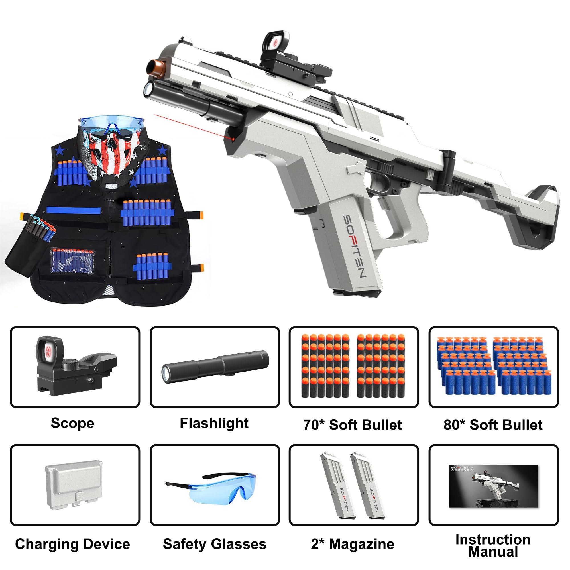 SOFITEN Toy Gun Automatic Sniper Rifle Tactical Vest Toy Foam Blaster with 150 Darts IR and Flashlight Foldable Stock The Shooting Activity Game for Kids Age 8-12 Gifts for Birthday Xmas - Image 6