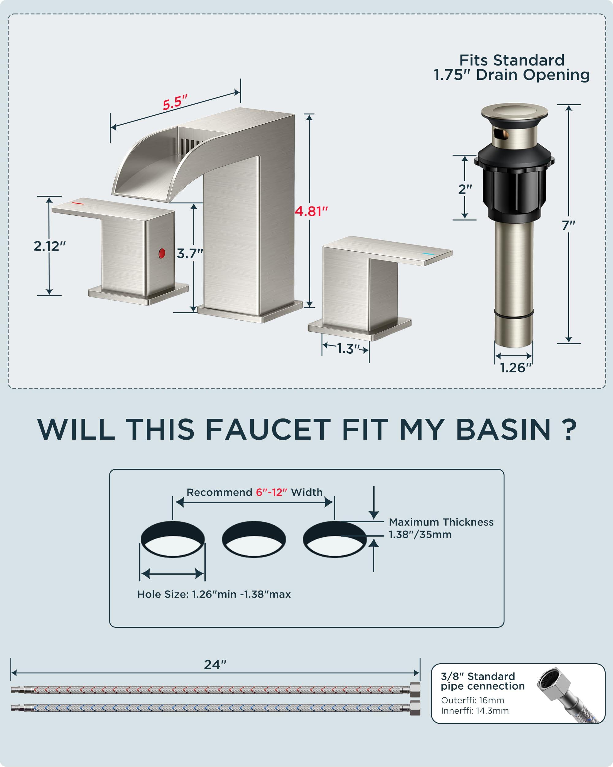 FORIOUS Square Brushed Nickel Bathroom Faucets 3 Hole, Waterfall 8 Inch Widespread Bathroom Sink Faucet with Metal Pop-up Drain and Supply Lines, Two Handles for Vanity, Lavatory, Restroom - Image 3