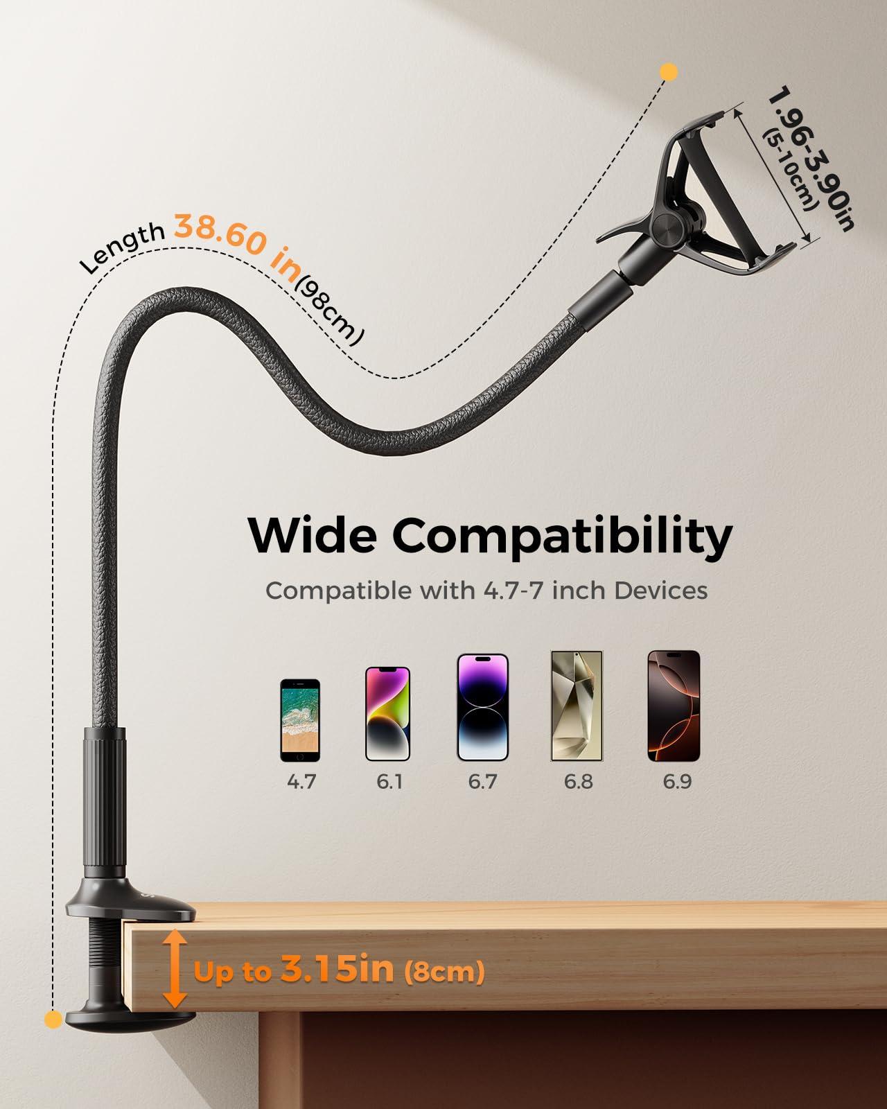 SAIJI Gooseneck Phone Holder for Bed Overall Length 38.6” Flexible Leather Wrapped Arm Overhead Cell Phone Mount Stand with 360° Adjustable Clamp Clip, Compatible with All 4-7” Cellphones (Black) - Image 5