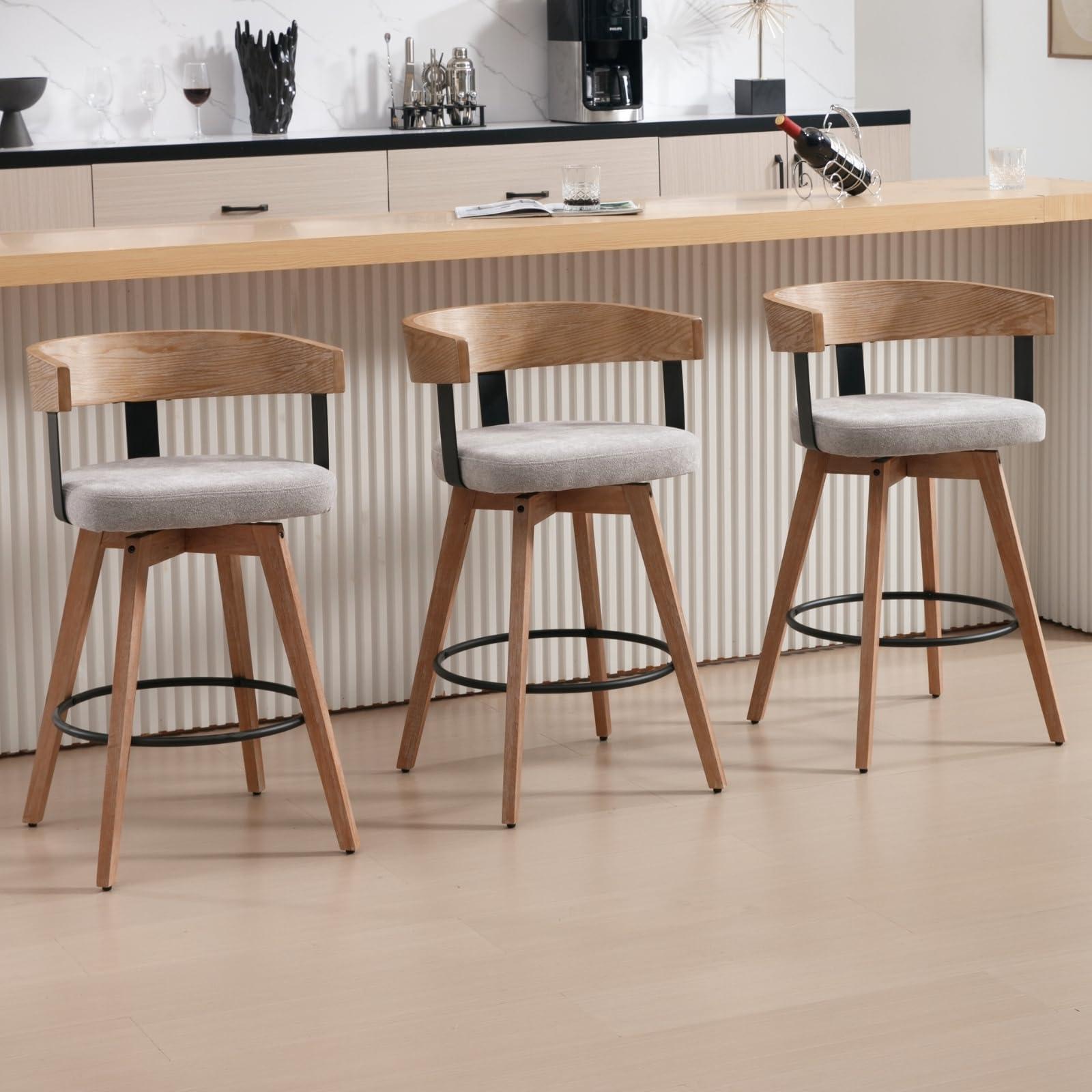 DUOMAY Modern Grey Linen Upholstered 360-Degree Swivel Bar Stool Set of 3 - 26" Counter Height with Footrest & Backrest - Ideal for Kitchen Island & Home Bar