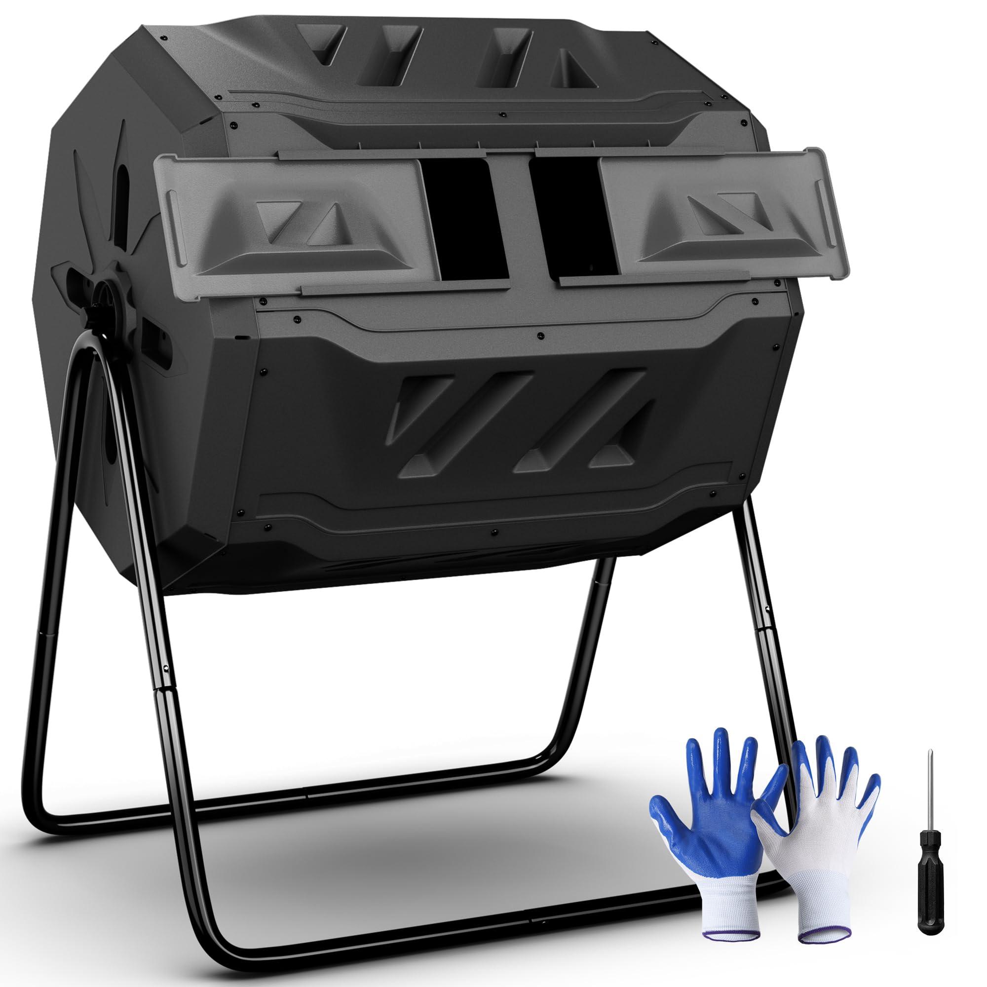 SUPER DEAL Outdoor Compost Tumbler 43 Gallon Dual Chamber Large Compost Bin 360° Rotating Tumbling Composter BPA Free for Garden Yard, Black