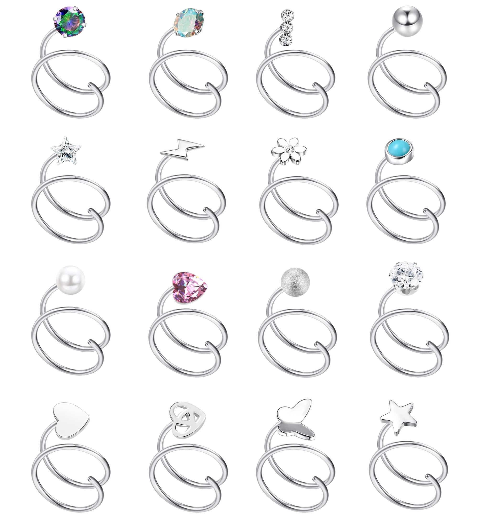 FASACCO 16Pcs Double Nose Ring Hoop for Single Piercing 20 Gauge Stainless Steel Nose Hoop Spiral Star Pearl CZ Butterfly Twist Nose Ring Hoops Double Hoop Earrings for Women