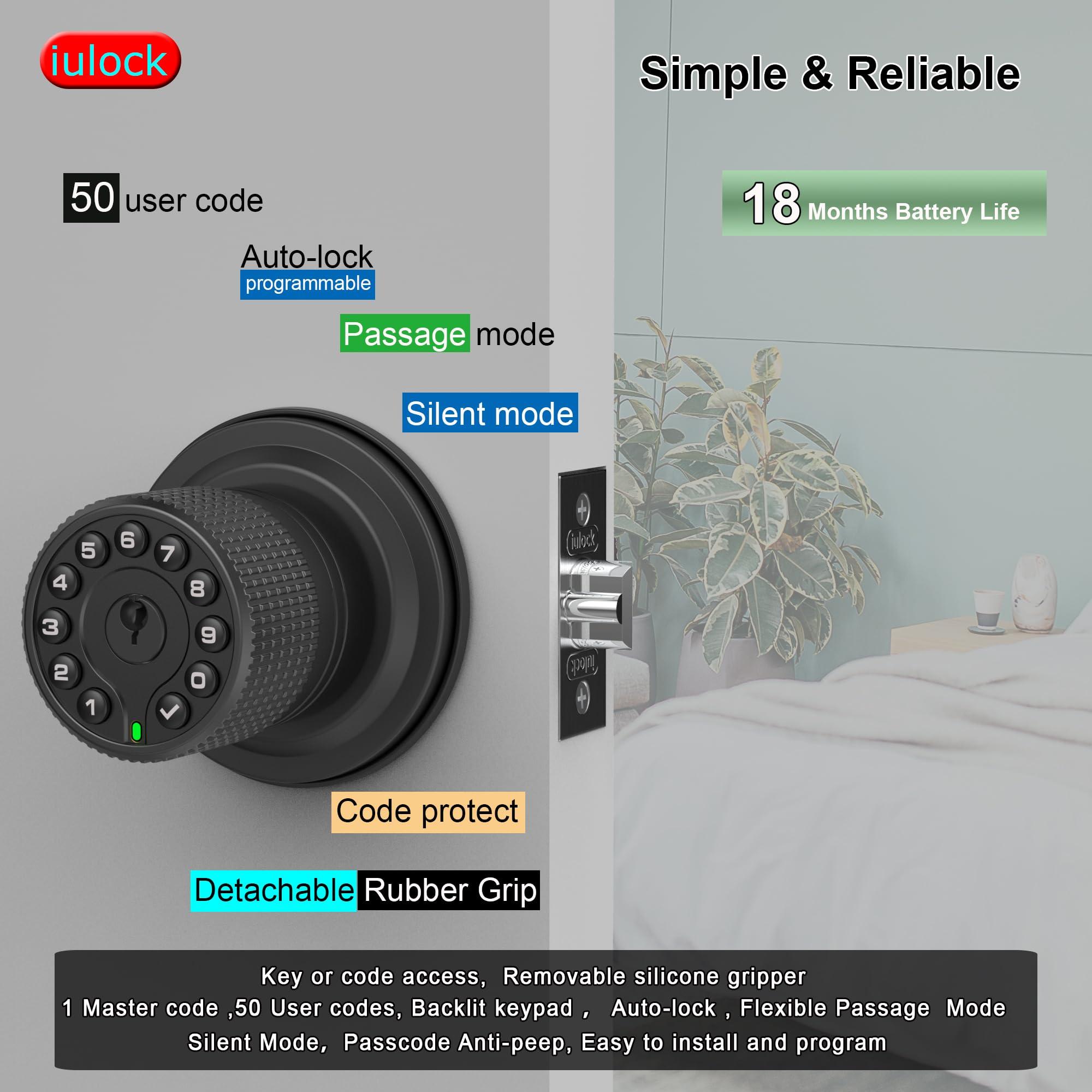 iulock Keypad & Key Smart Door Lock, 50 User Codes, Waterproof, Auto Lock - Matte Black - Image 2