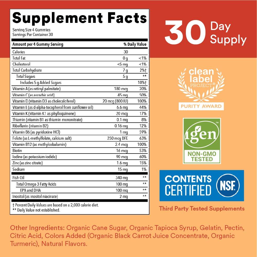 SmartyPants Kids Multivitamin Gummies: Omega 3 Fish Oil (EPA/DHA), Vitamin D3, C, Vitamin B12, B6, A, K & Zinc for Immune Support, Biotin, Gluten Free, Three Fruit Flavors, 120 Count (30 Day Supply) - Image 4
