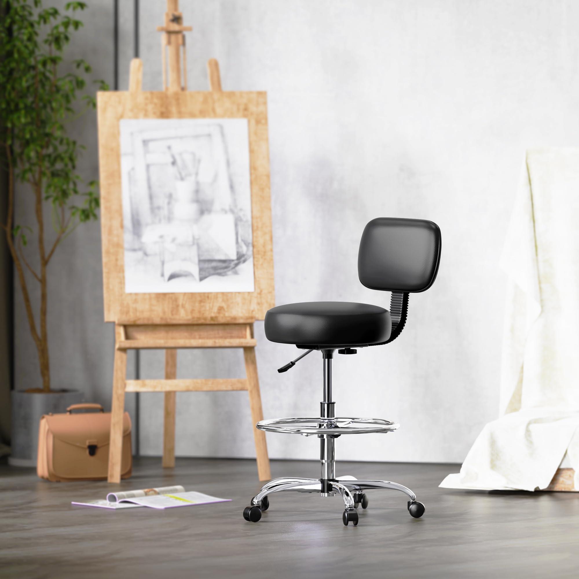 SUPERJARE Drafting Chair with Back, Adjustable Foot Rest Rolling Stool, Multi-Purpose Office Desk Chair, Thick Seat Cushion for Home Bar Kitchen Shop - Black - Image 8